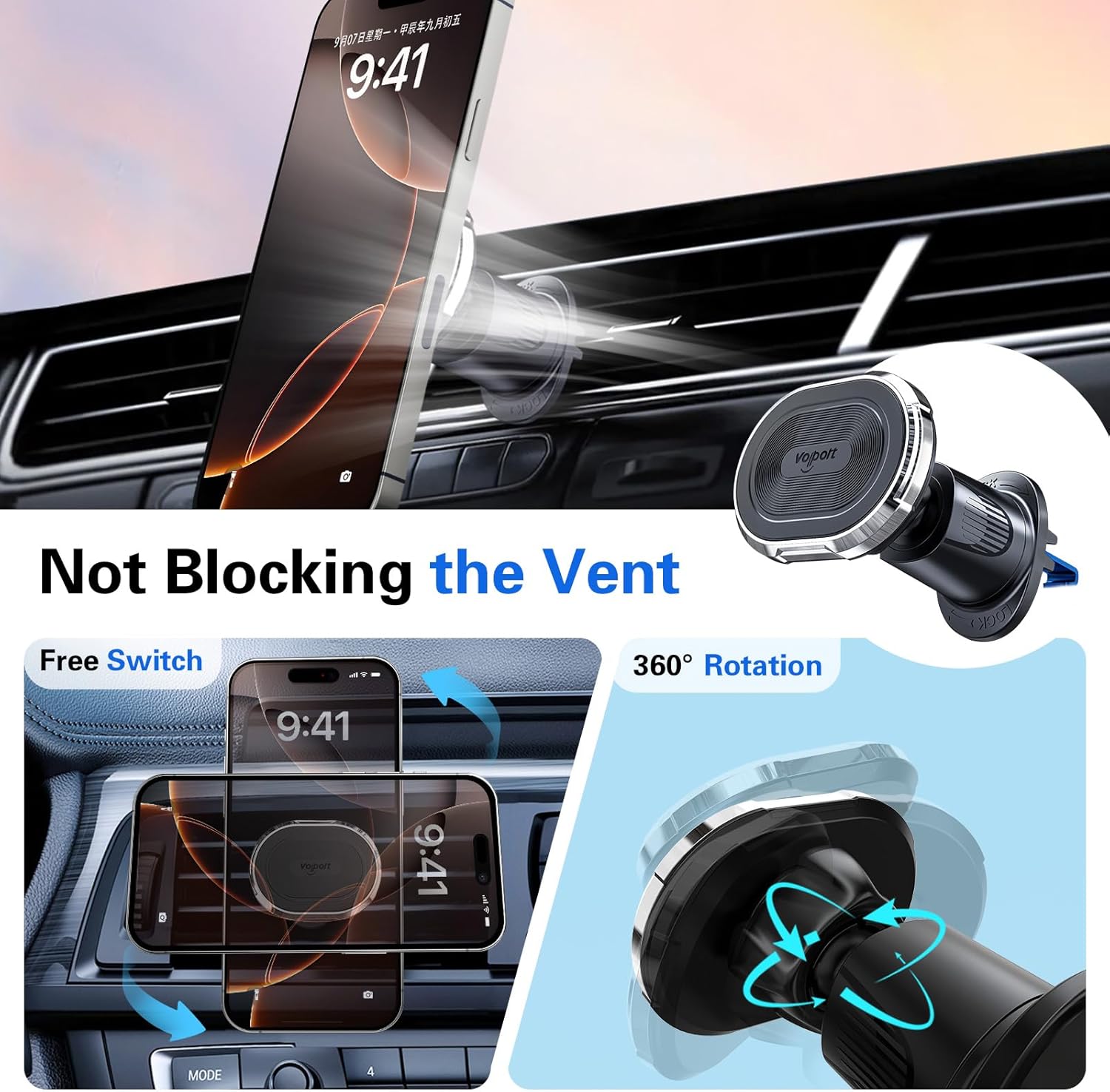 Magnetic Car Mount Air Vent Cell Phone Holder, Universal Vehicle Dash Dashboard Ac Airvent Cellphone Magic Stand with Clip Hook, for iPhone 16 15 Samsung Lenovo Google etc - Image 5
