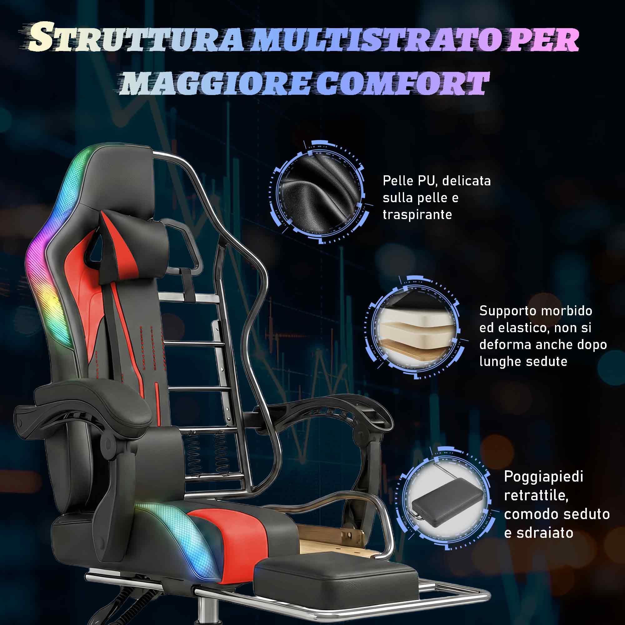 TRIUMPHKEY Sedia da Gioco con Luce RGB LED di Stile Gaming, 366 Modalità di Effetto Luminoso, Tela PU Resistente alla Sporco, Braccioli Sincronizzati, Cuscino Lombaire a Massaggio USB (Rosso)