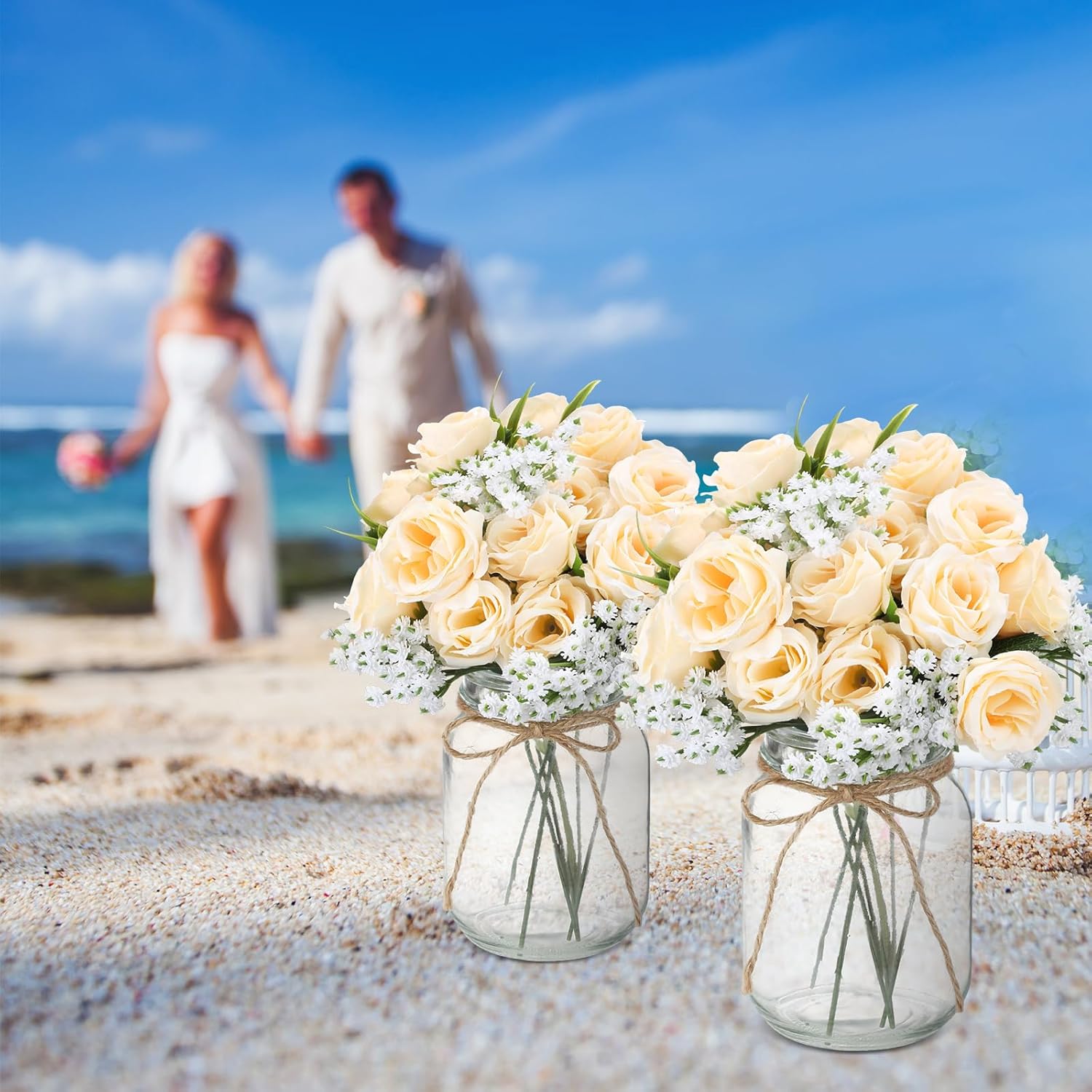 6 Sets Mason Jar Centerpiece Fake Flowers with Vase Silk Roses Artificial Flowers with Artificial Baby's Breath Bouquets, Centerpiece for Home, Table, Party(Champagne) - Image 7