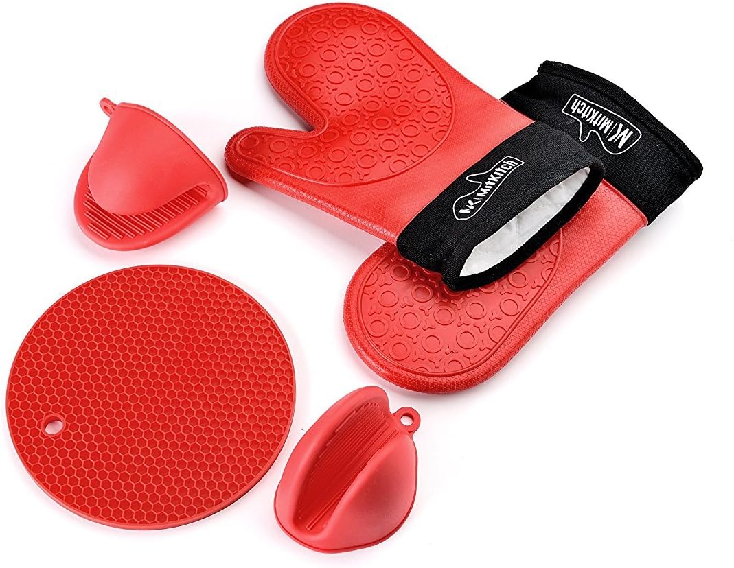 BINWO Silicone Cooking Gloves (5-Piece Set) Includes 2 Cotton-Lined Gloves, Mini Oven Mitts and Heat-Resistant Hot Pad | Insulated, Non-Slip Grip | Kitchen and BBQ Grill