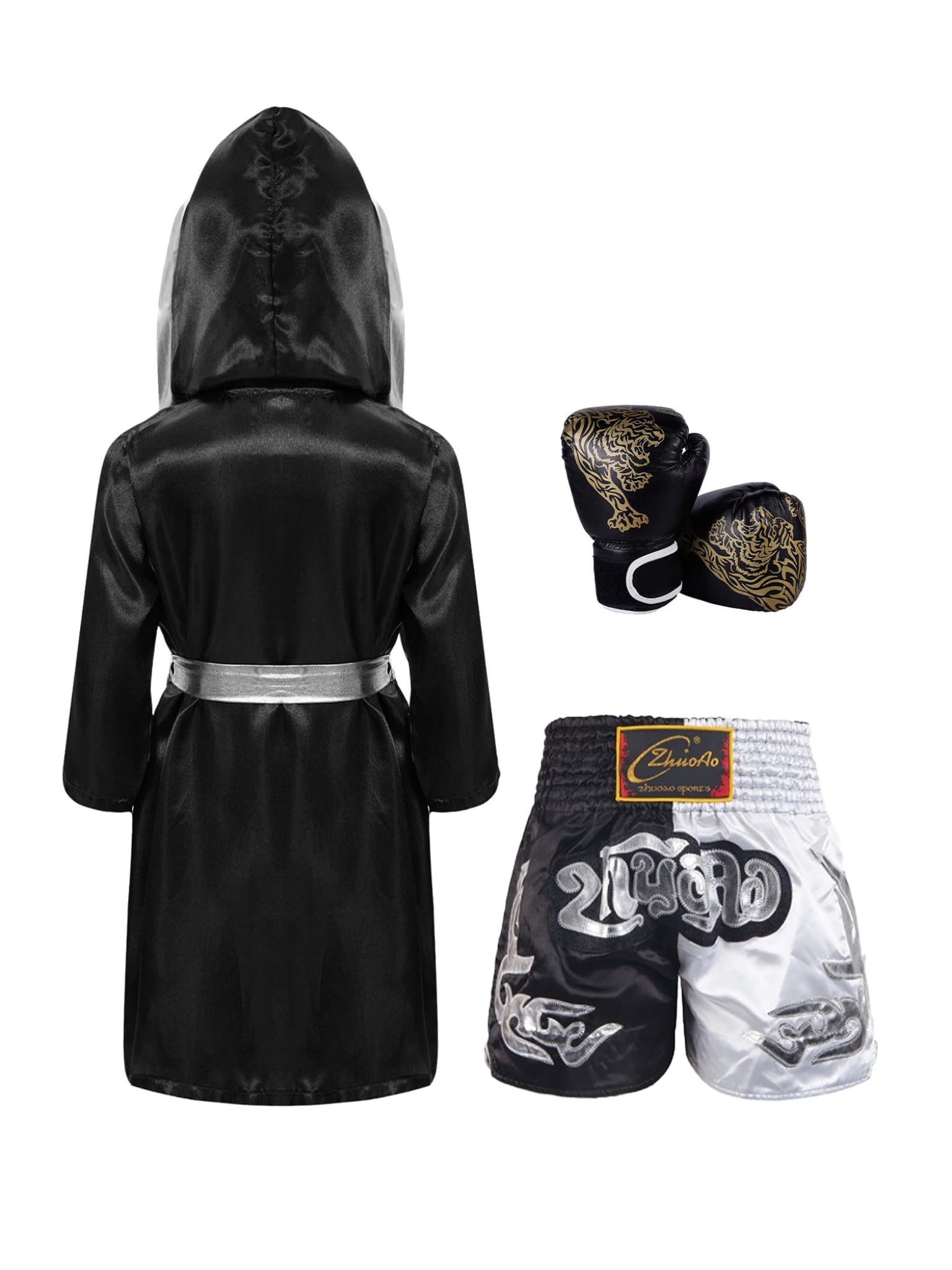 Runhomal Enfants Garçon Ensemble Peignoir de Boxe avec Short de Boxe Combat Gants Kickboxing Thai Entraînement MMA Muay Thai 5-16 Ans