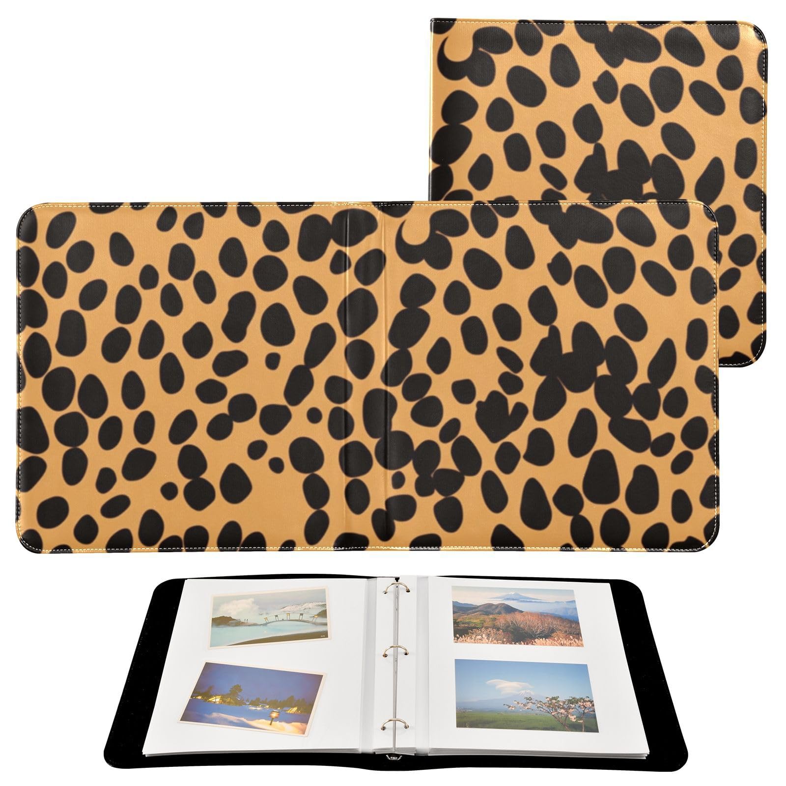 JIPONI Leopard Print Spots Large Photo Album, DIY Leather Cover Scrapbook Albums for 4x6 5x7 6x8 Pictures, Self Adhesive Memory Book for Wedding, Baby, Family