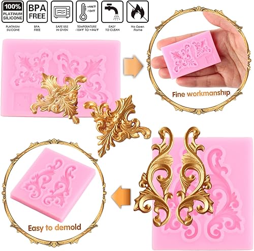 Miniatura 2 de Mujiang Moldes de fondant barrocos para fondant, molde de silicona para decoración de pasteles, decoración de cupcakes, arcilla de polímero de
