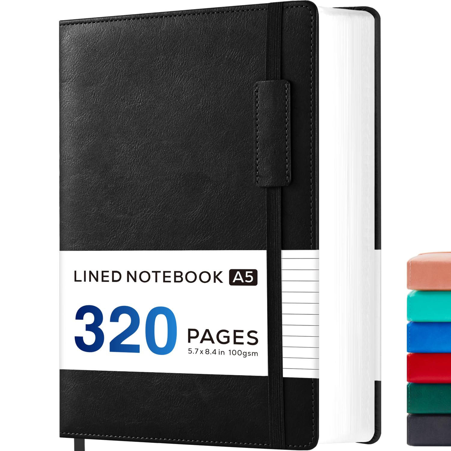 A5 Notebook Hardback, Leather Journal Notebook Notepad with 320 Pages 100gsm Thick Paper, No Bleed, Lined Journals Note books for Women Men Writing Work, Black, 14 x 21 cm