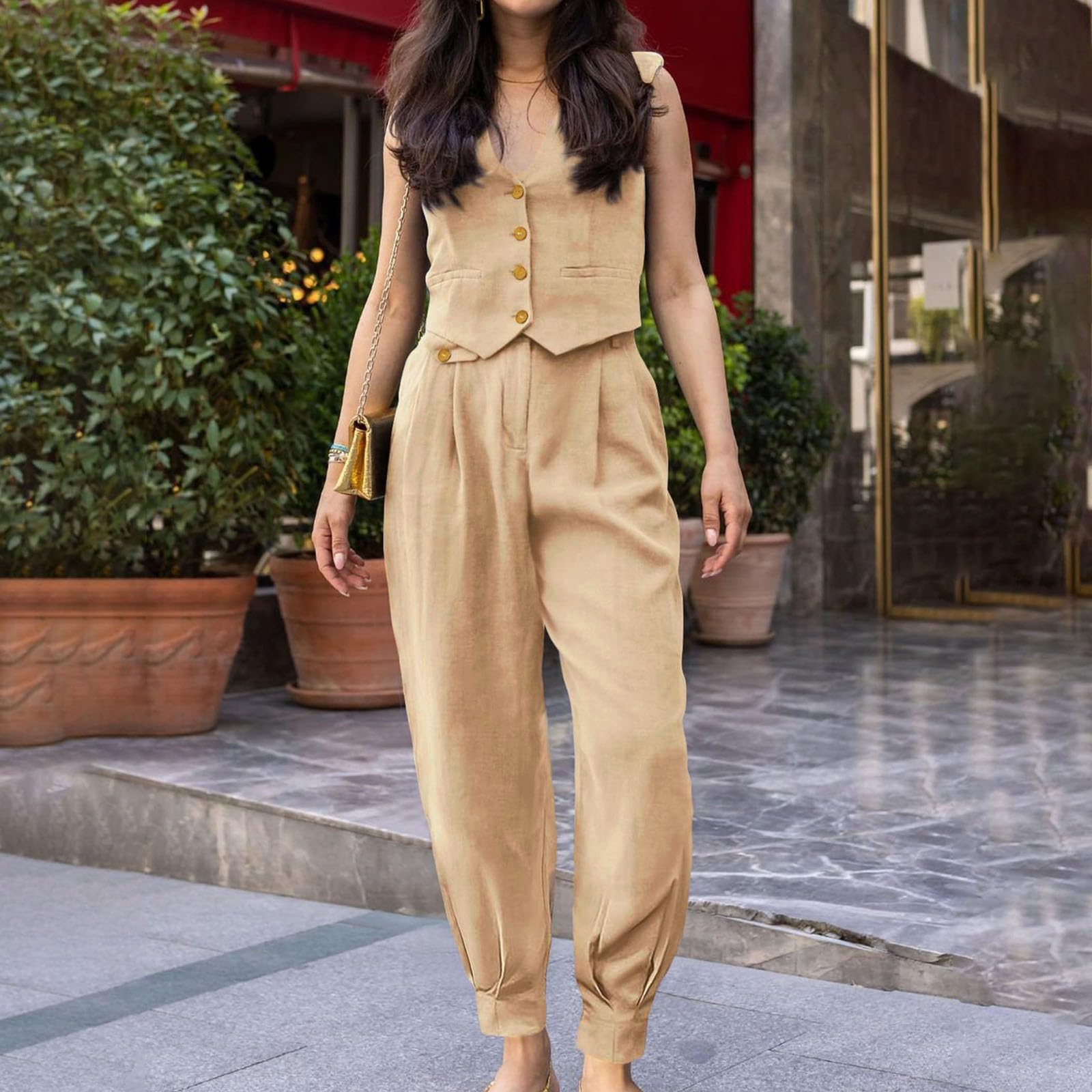 Conjunto De 2 Piezas para Mujer Invierno Casual Conjuntos Descanso Sin Mangas Pantalones Piernas Loungewear Traje Informal Dos con Chaleco y Camisa Algodón Corte Ancho Bolsillos