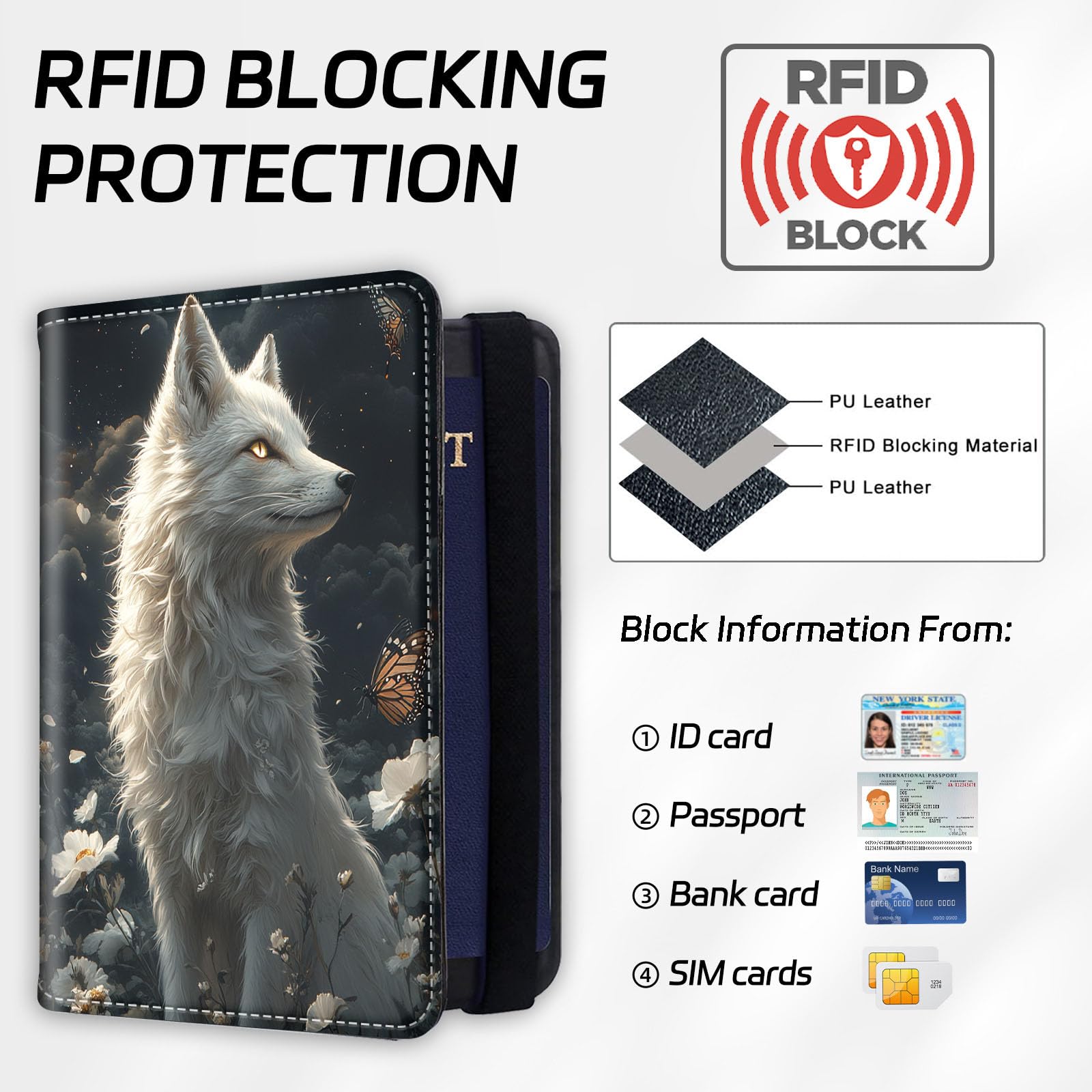 Custodia per passaporto con blocco RFID, in pelle PU, accessori da viaggio con slot trasparente per carte CDC, custodia sottile per passaporto per donne e uomini, Volpe farfalla fiore notte