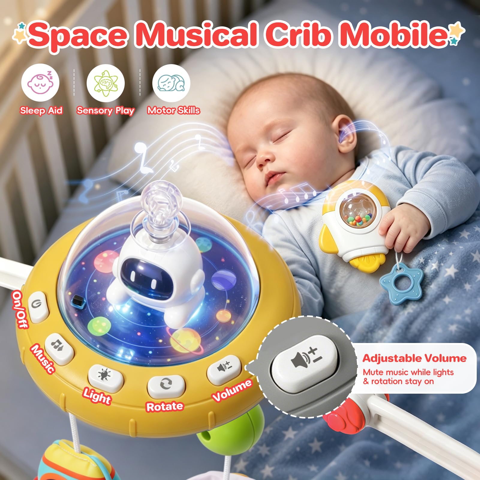 GONINO Giocattolo ad arco per passeggino, giocattolo musicale per seggiolino auto per bambini da 0 a 6 mesi, culla regolabile con giocattoli da appendere per culla e buttafuori, giocattolo spaziale