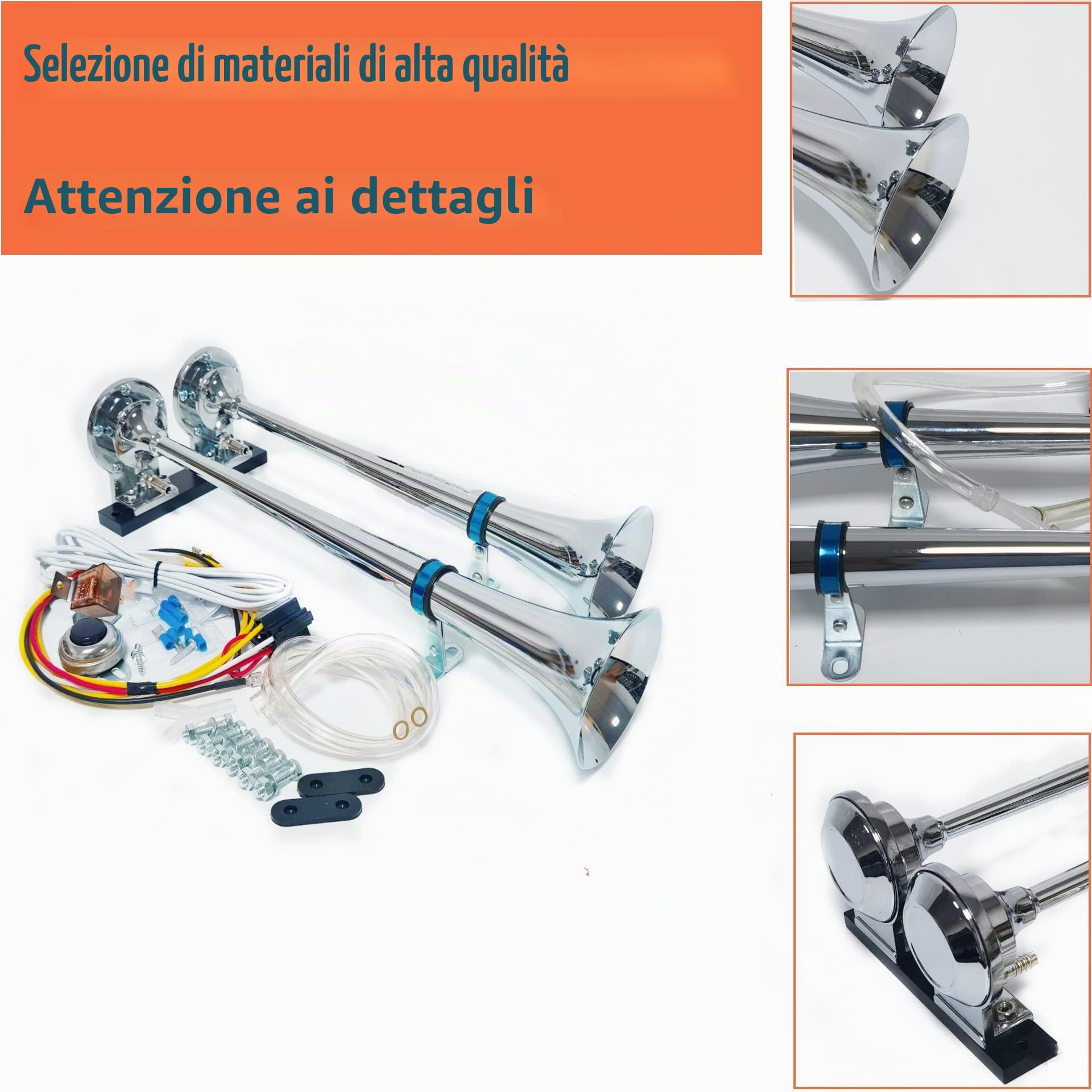 Clacson per auto Clacson per camion 175db Clacson per auto Argento Car Horn Tono alto e basso tono Corno zinco cromato doppio tubo con compressore rosso Air Horn per 24V auto yacht barca ecc