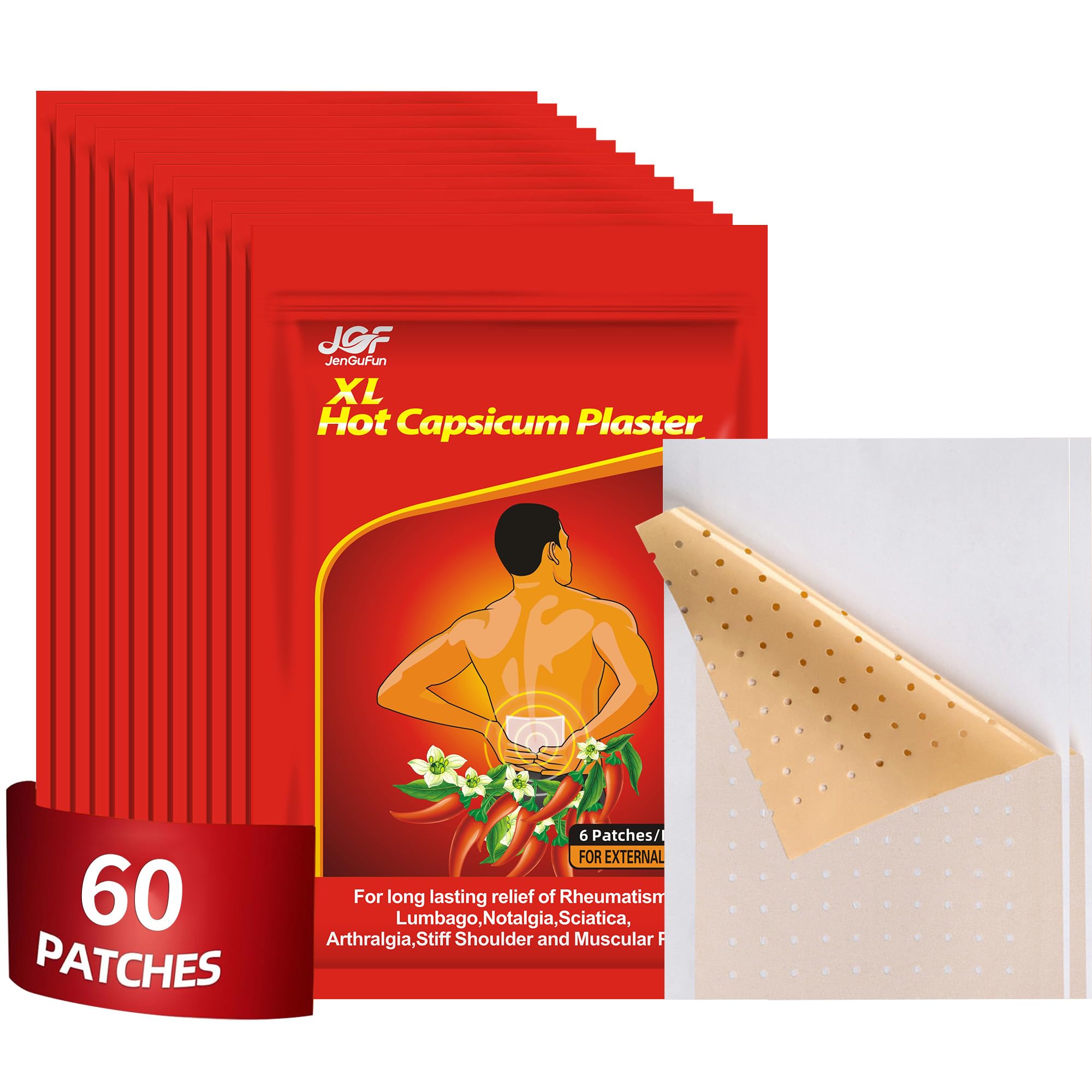 JenGuFun 60 Count Capsaicin Patch, Capsicum Patches, XL Hot Capsicum Plasters, Upgraded Zippered Packaging, for Relieving Various Muscle and Joints Soreness - 2