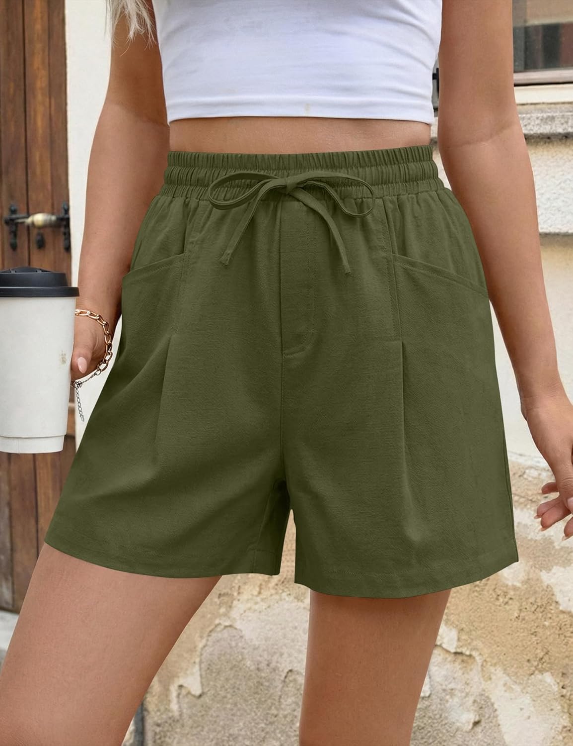 AKEWEI Linen Shorts Women Casual Wide Leg High Waisted Summer Outfits Comfy Elastic Waist Beach Shorts with Pockets