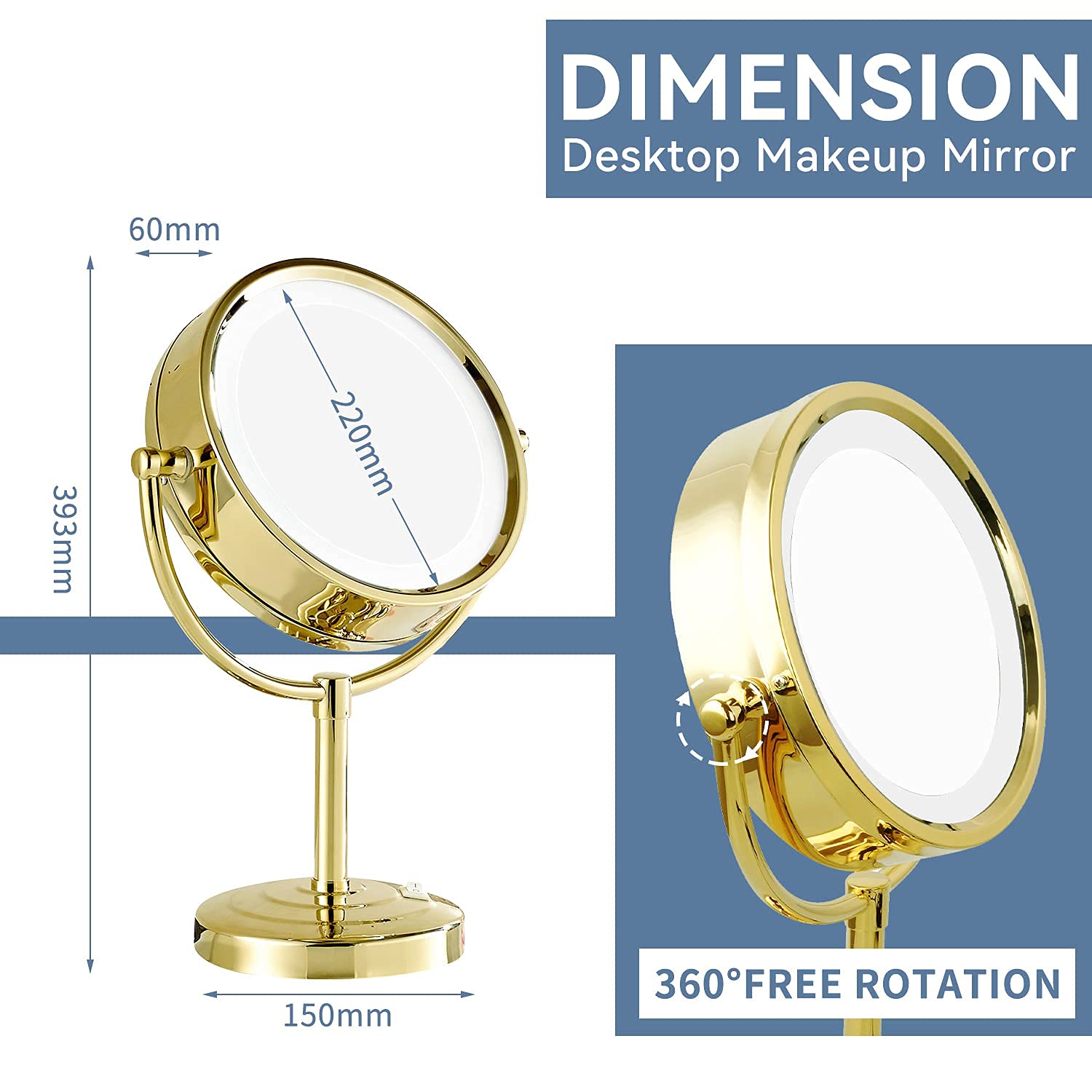 Dowry Espejo Maquillaje con Luz,Espejo de Aumento 7X,Espejo de Mesa Dorado,Espejo de Doble Cara,Diámetro 21.5cm