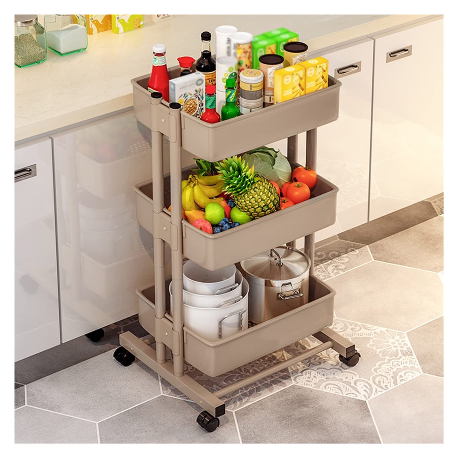 Carro utilitario con Ruedas de Metal de 3 Niveles, Carro de Servicio multifunción con Cesta de Malla y Ruedas, fácil Montaje para baño, Cocina, Oficina, Estante para carritos utilitarios (co