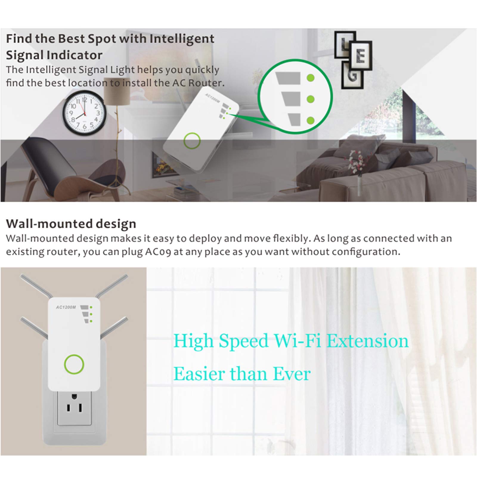 AIZYR 1200 Mbps Repetidor De Banda Dual Inalámbrico De CA/Amplificador De Rango Inalámbrico Ap Amplificador De Señal WiFi con 4 Antenas Externas Configuración De WPS Y Un Clic,Au Plug