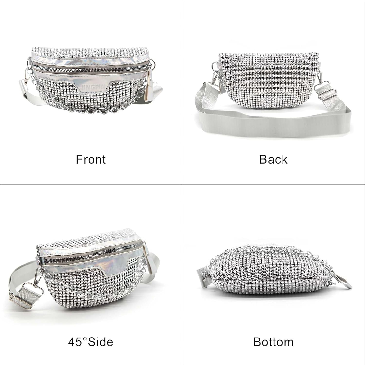 Long Keeper Chest Bag for Women Bling Fanny Packs Holographic Rhinestone Small Purse Waist Sparkly Bumbags For Party Travel (Silver) - Image 7