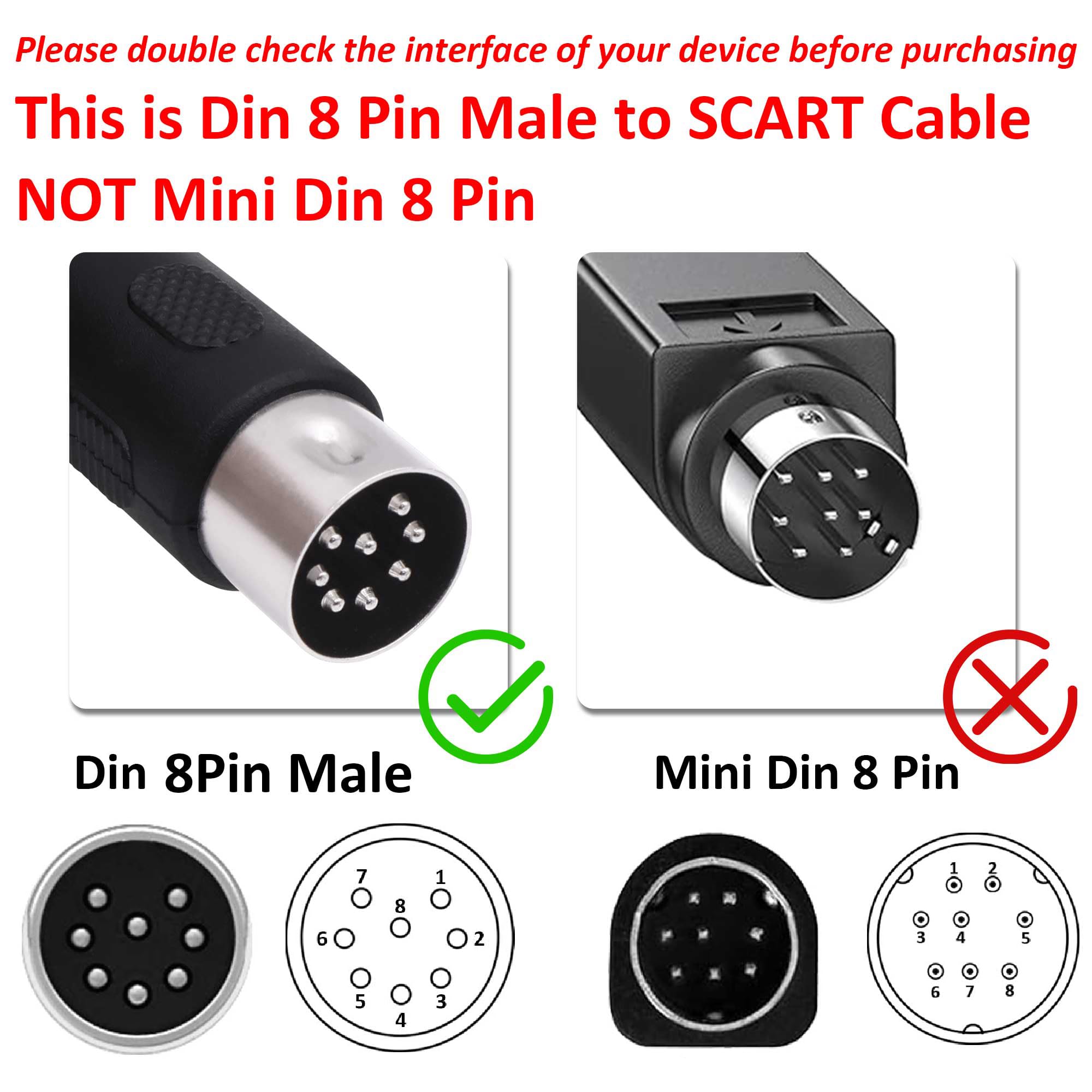 YARCHONN Câble conducteur DIN vers péritel 8 broches - Pour console de jeu - 21 broches - Fiche péritel RVB vers DIN 8 broches - Câble AV - Adaptateur audio vidéo