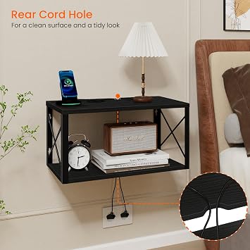 Homode Floating Nightstand, 2 Tier Wall Mounted Nightstand with Cable Hole | Wooden Floating Bedside Table, Bedside Wall Shelf for Bedroom Bathroom Living Room Kitchen Office, Black