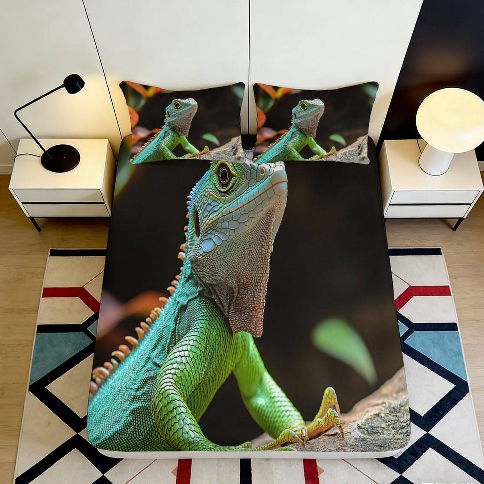 3D Printed Green Lizard Fitted Sheet Microfiber Soft Breathable Reptile Mattress Cover for Bedroom Dorm Home Decor 90x200x25cm