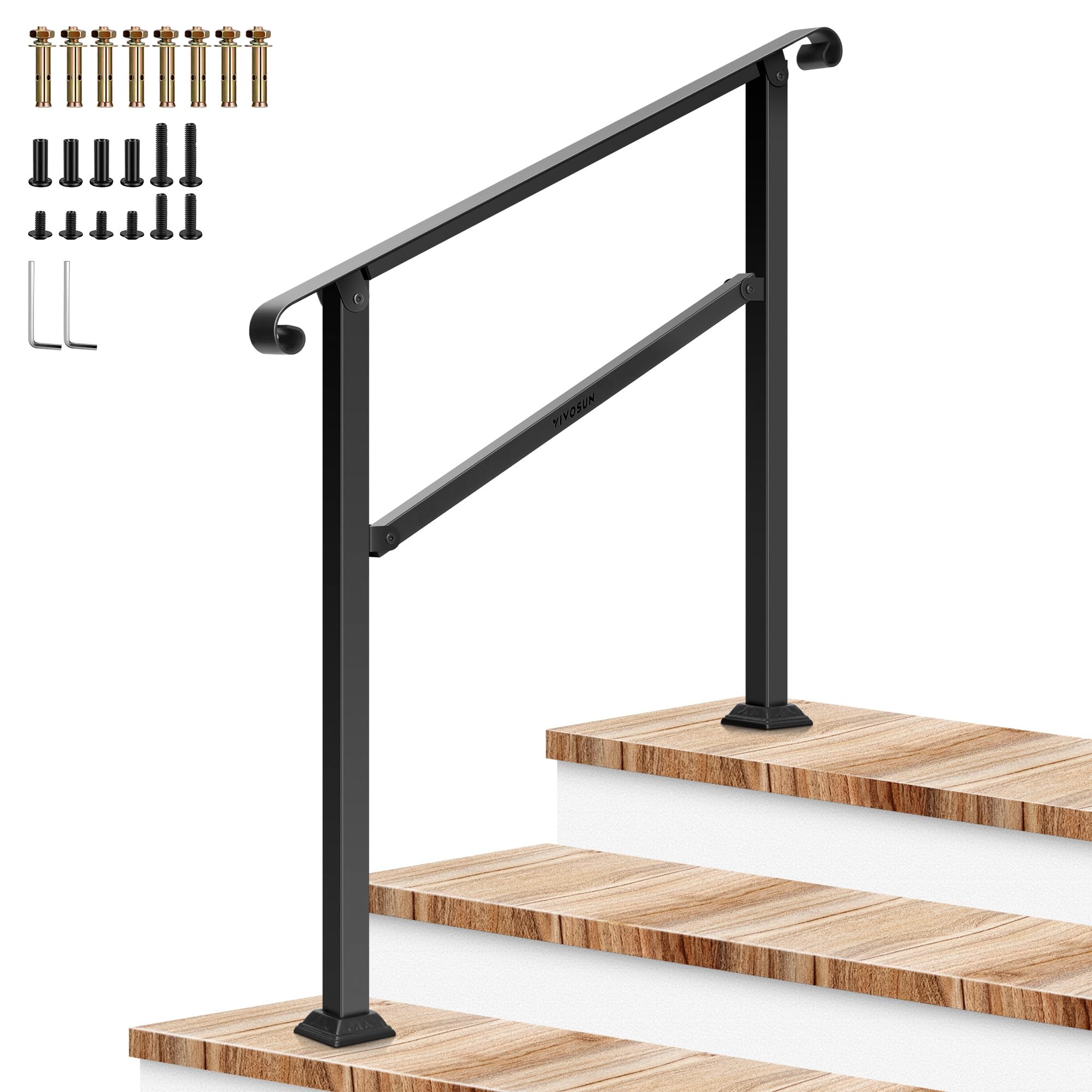 VIVOSUN 3-Step Stair Handrail 40"x36" Wrought Iron with Curved Ends Black