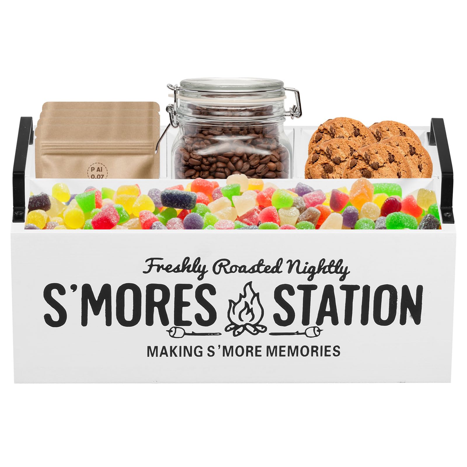 Smores Station, Smores Caddy Organizer with Handles, 4 Compartments Farmhouse Wooden S'mores Bar Holder, Smores Supplies Container Box for Home Kitchens Smores Kit (white)