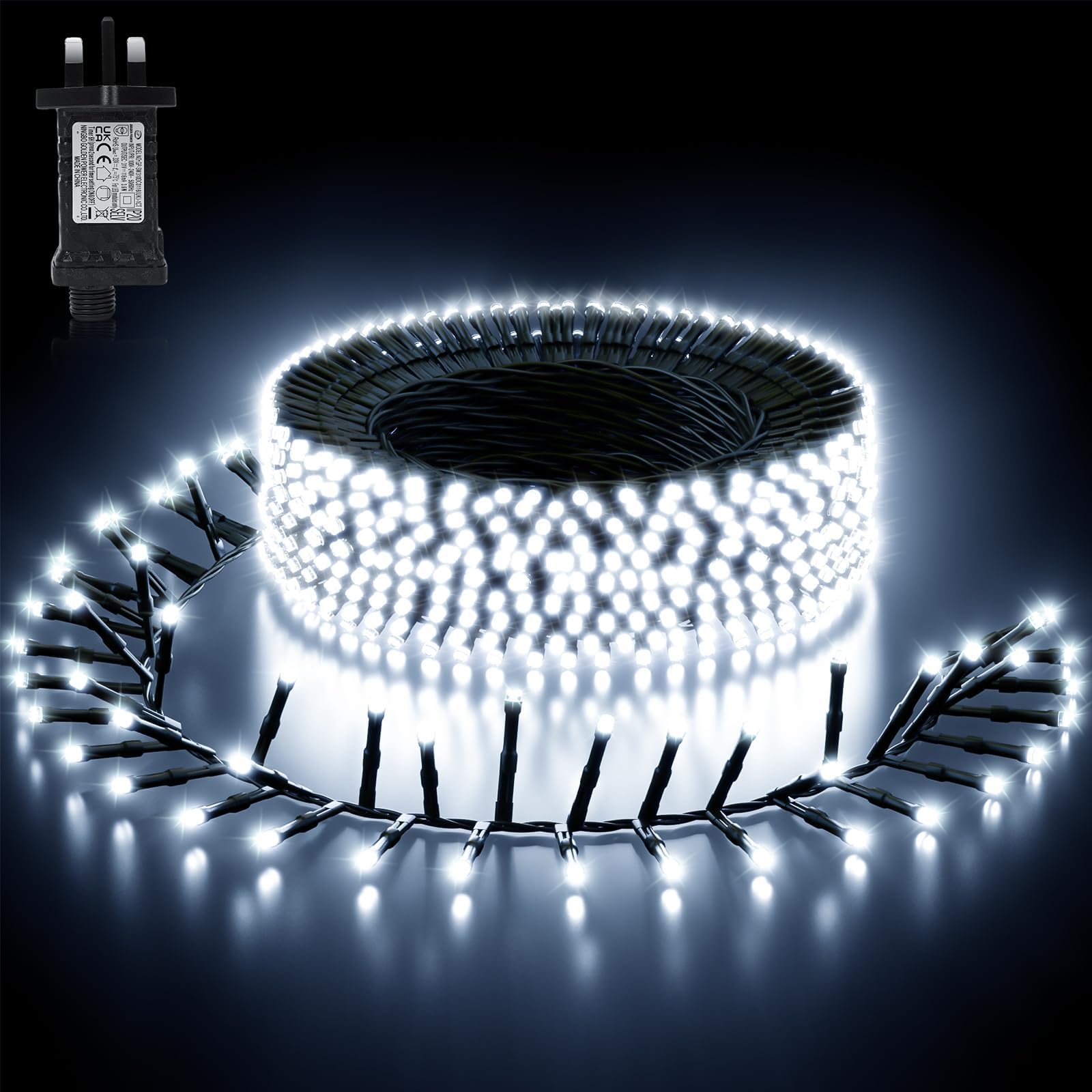 Christmas Tree Lights Cluster Lights 500 LED 7.5M, Cool White, Plug in, 8 Lighting Modes with 6 Hours On Timer, Waterproof for Indoor & Outdoor Use