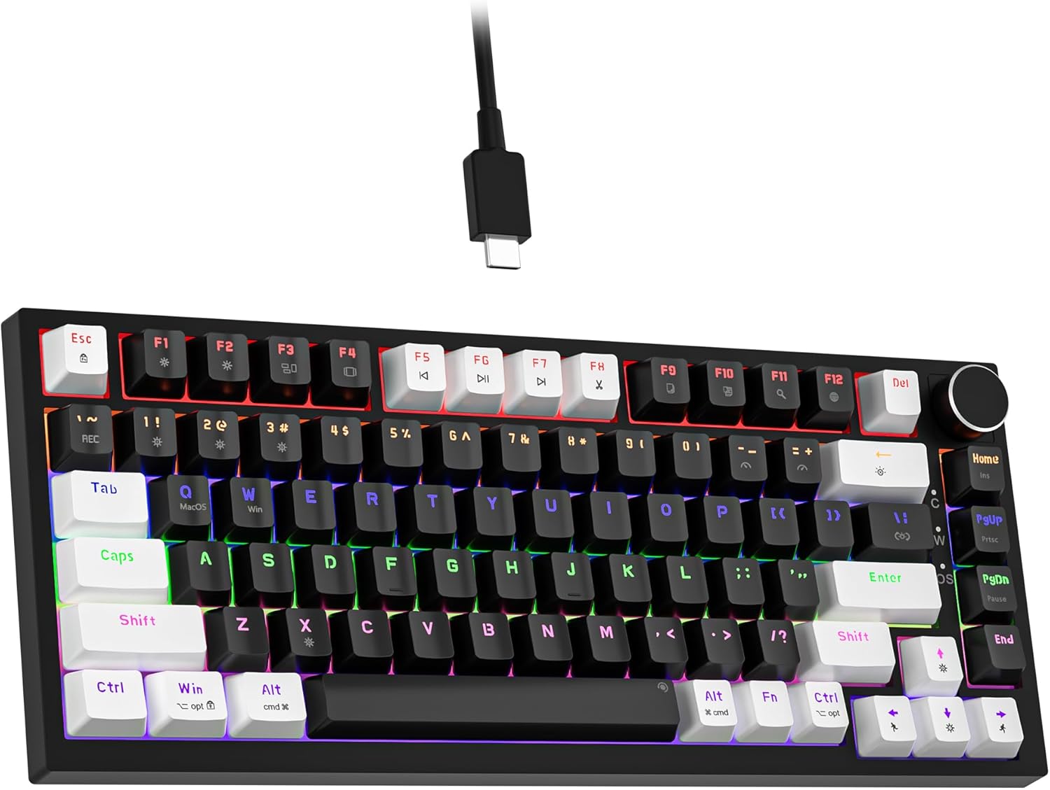 Clavier mécanique filaire Newmen GM326, clavier mécanique de jeu à 75% mini rétroéclairé avec bouton, 82 touches anti-ghostting claviers de jeu compacts pour PC Win Mac, blanc/noir, rouge