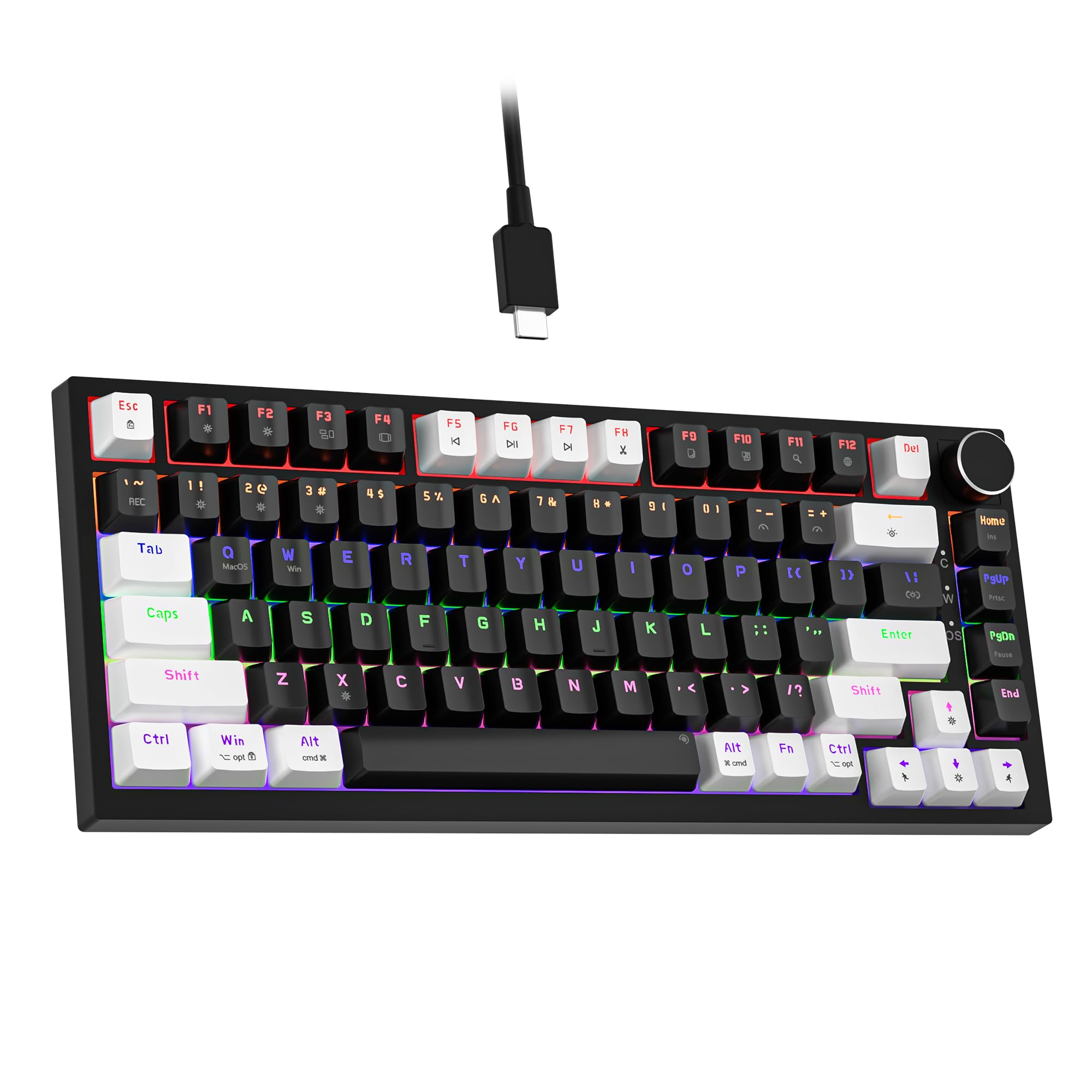 Newmen GM326 Wired Mechanical Keyboard,75% Percent Mini Backlit Hot Swappable Gaming Mechanical Keyboard with Knob,82 Keys Anti-Ghosting Compact Gaming Keyboards for PC Win Mac,White/Black,Red Switch
