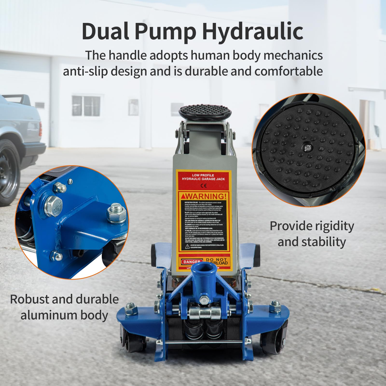 3 Tonne Trolley Jack Hydraulic Car Jack, Low Profile Floor for Car Van, Heavy-Duty Steel Hydraulic Lift with Dual Pump System, Handle Swivel Wheels, High Lift Garage (Blue) — view 5