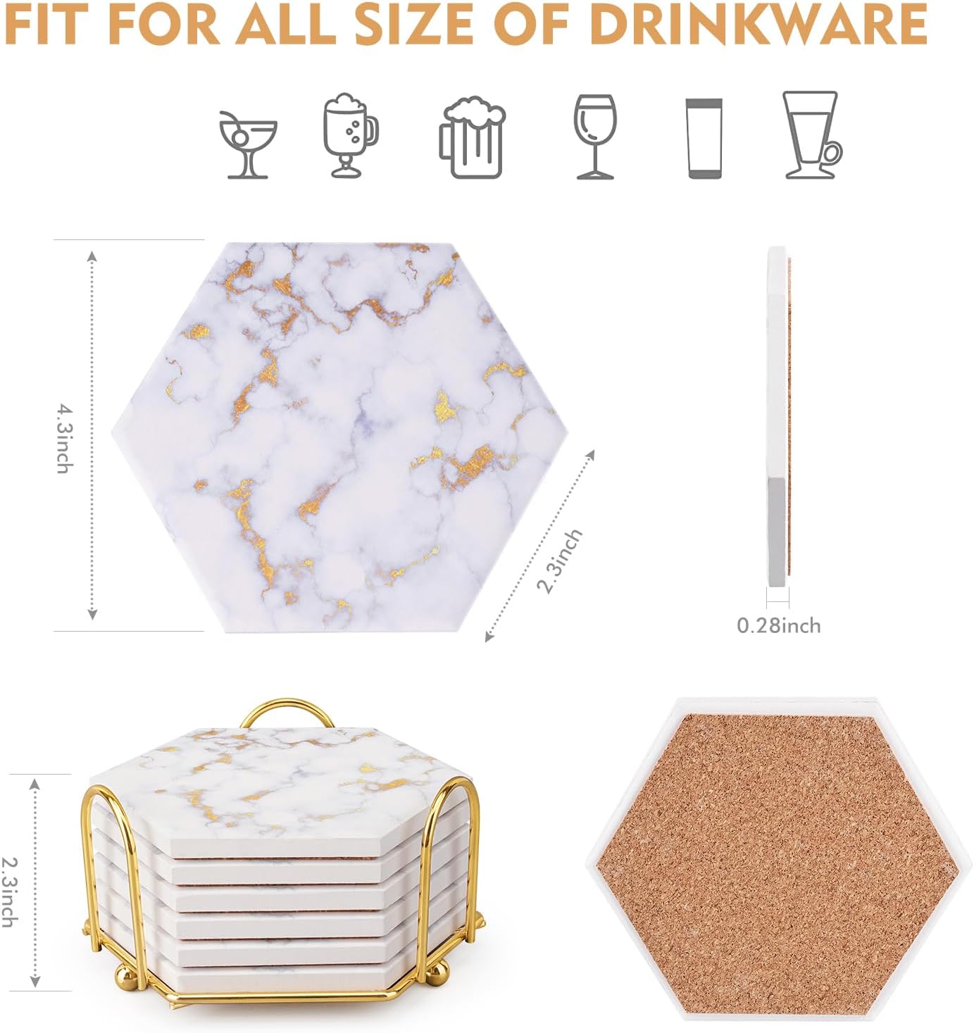Marble Coasters for Drinks Absorbent with Cork Base, 6pcs Drink Coasters for Wooden Table with Metal Holder, Gold Ceramic Cup Coaster Set Home Decor for Housewarming (Luxury White Gold Marble 06) - Image 4