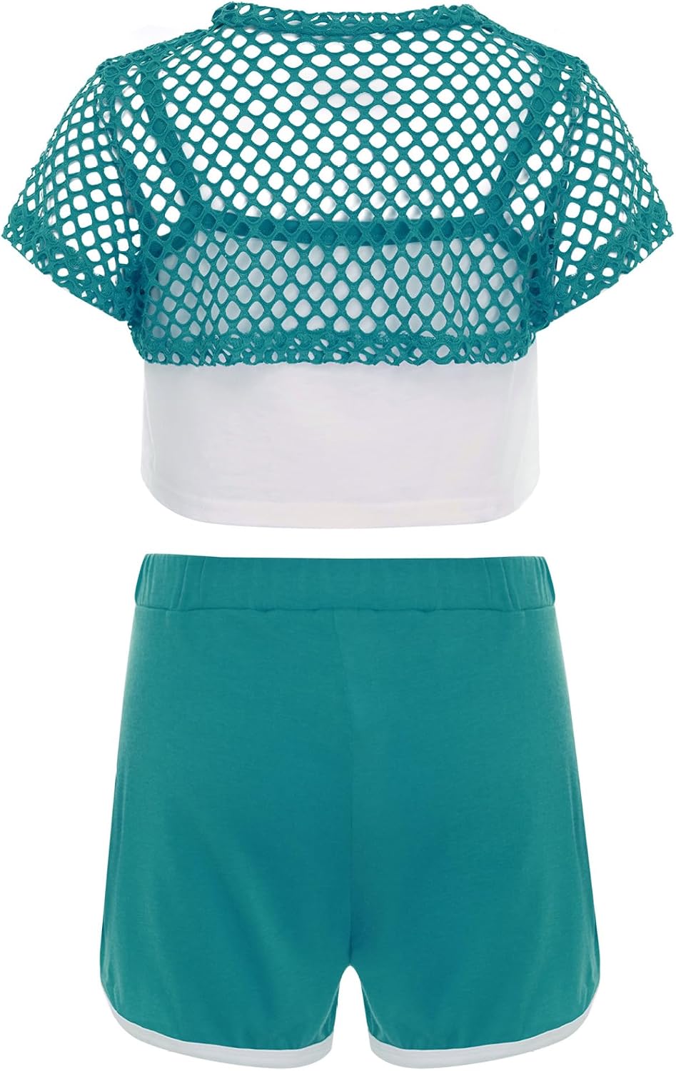 Kids Girls Summer Cute 3 Piece Outfit Short Sleeve Mesh Crop Top Letter Print Cami Tee and Track Shorts Green 8-9 Years