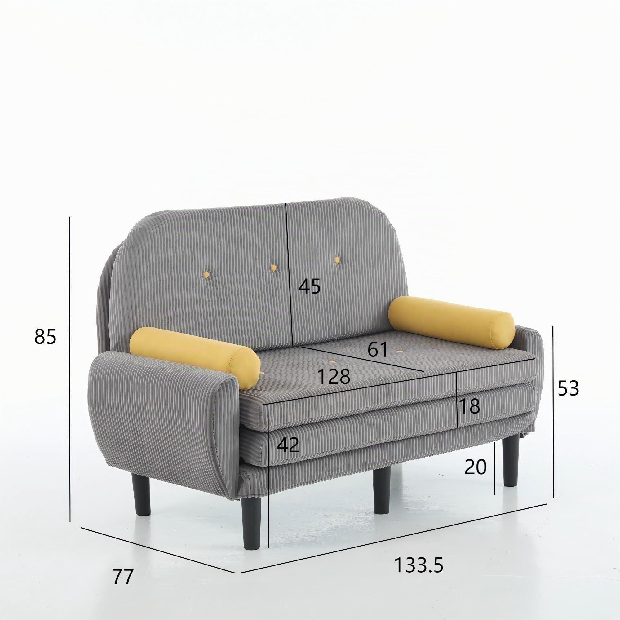 Sofa mit Schlaffunktion, Schlafsofa Klein, Cord Sofa 2 Sitzer, Kann als Sofa, Bett und Liegestuhl, Samtpolsterung für Wohnzimmer und Schlafzimmer, 180 * 128 * 53cm (Grau)