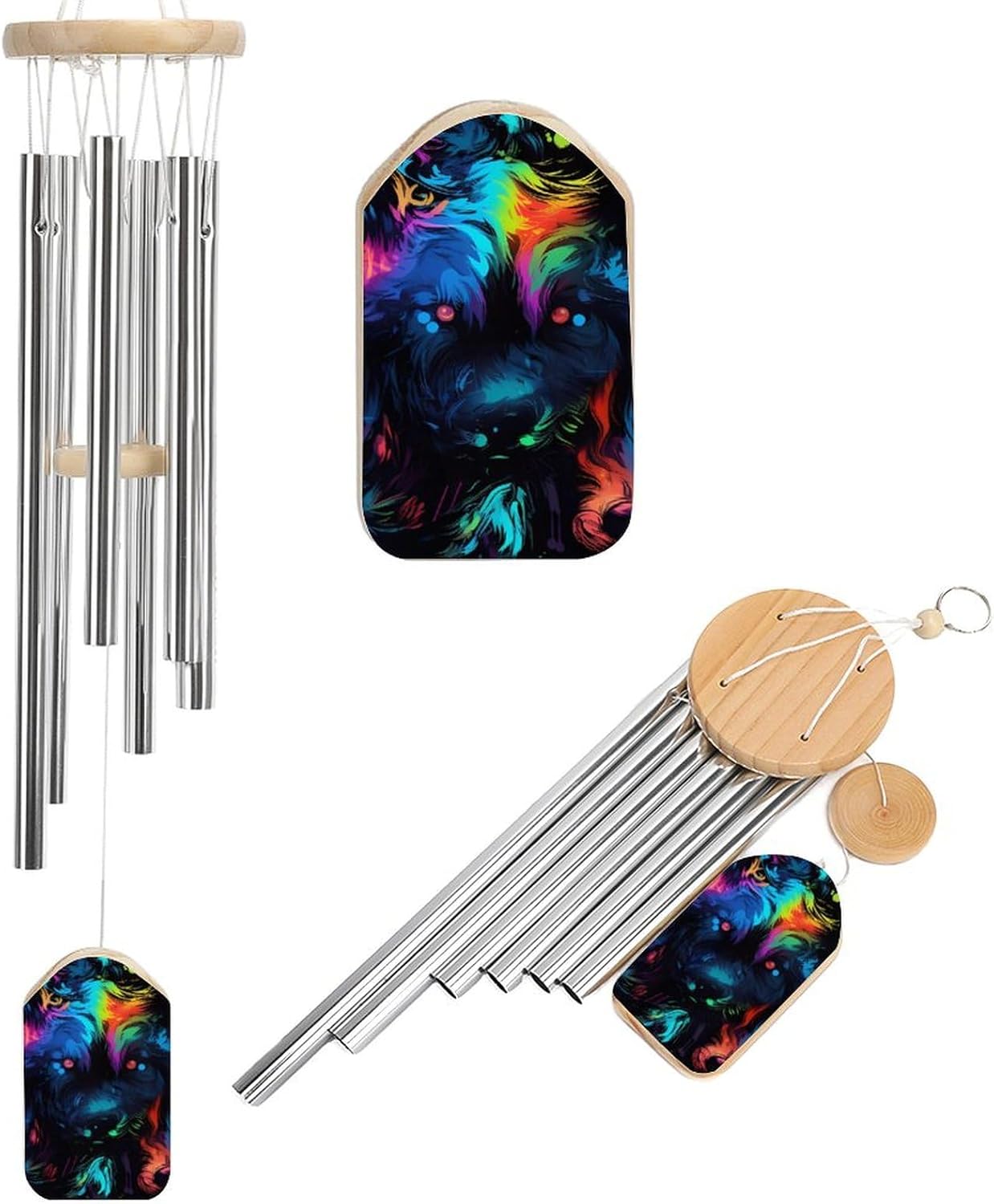 Colorful Wolf Wooden Wind Chimes Deep Tone Memorial Windchime for Outside Garden Home Decoration