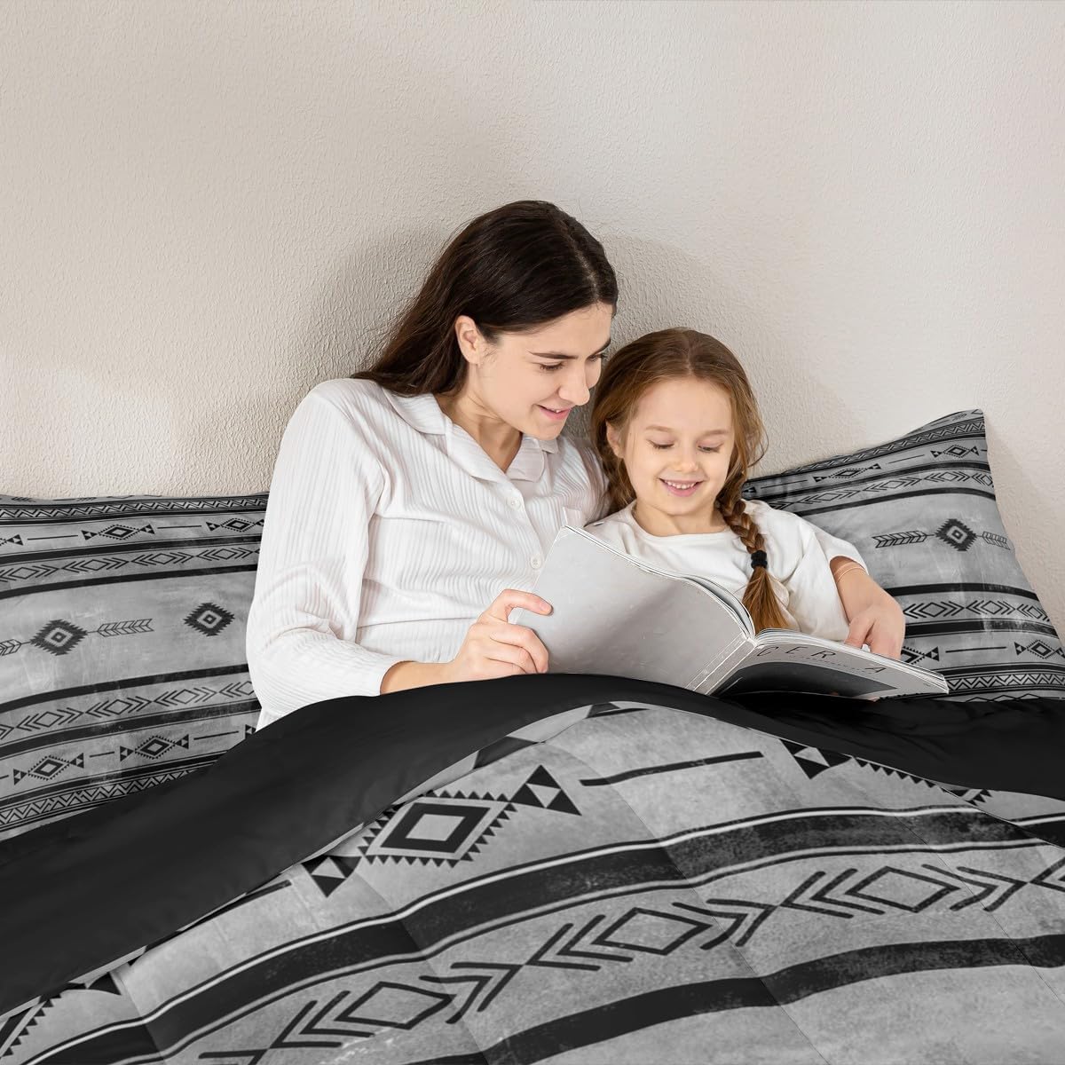 jejeloiu Southwestern Bedding Set King Size Geometric Comforter Set for Kids Boys Tribal Comforter Native American Design Grey Black Duvet Set Bedroom Quilt Set