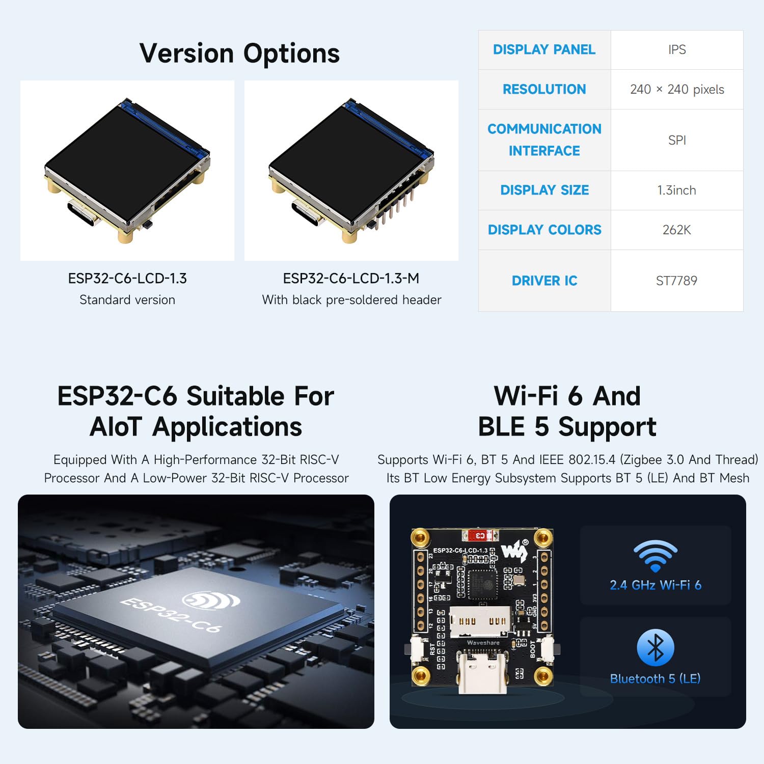 Waveshare ESP32-C6 1.3inch LCD Display Development Board with Header, 240x240 Pixels, 262K Color, Supports Wi-Fi 6 And BLE 5