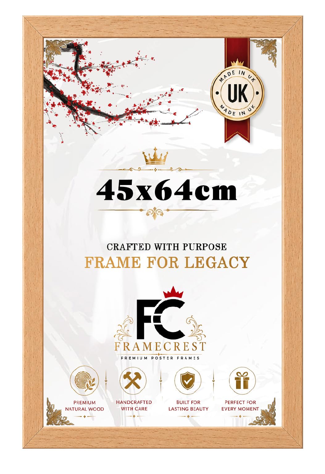 FRAMECREST Stylish 45x64cm Poster Frame | Landscape or Portrait Orientation | Engineered Wood Frame & Crystal-Clear Perspex | Photos Frame for Home Decoration-[Beech]