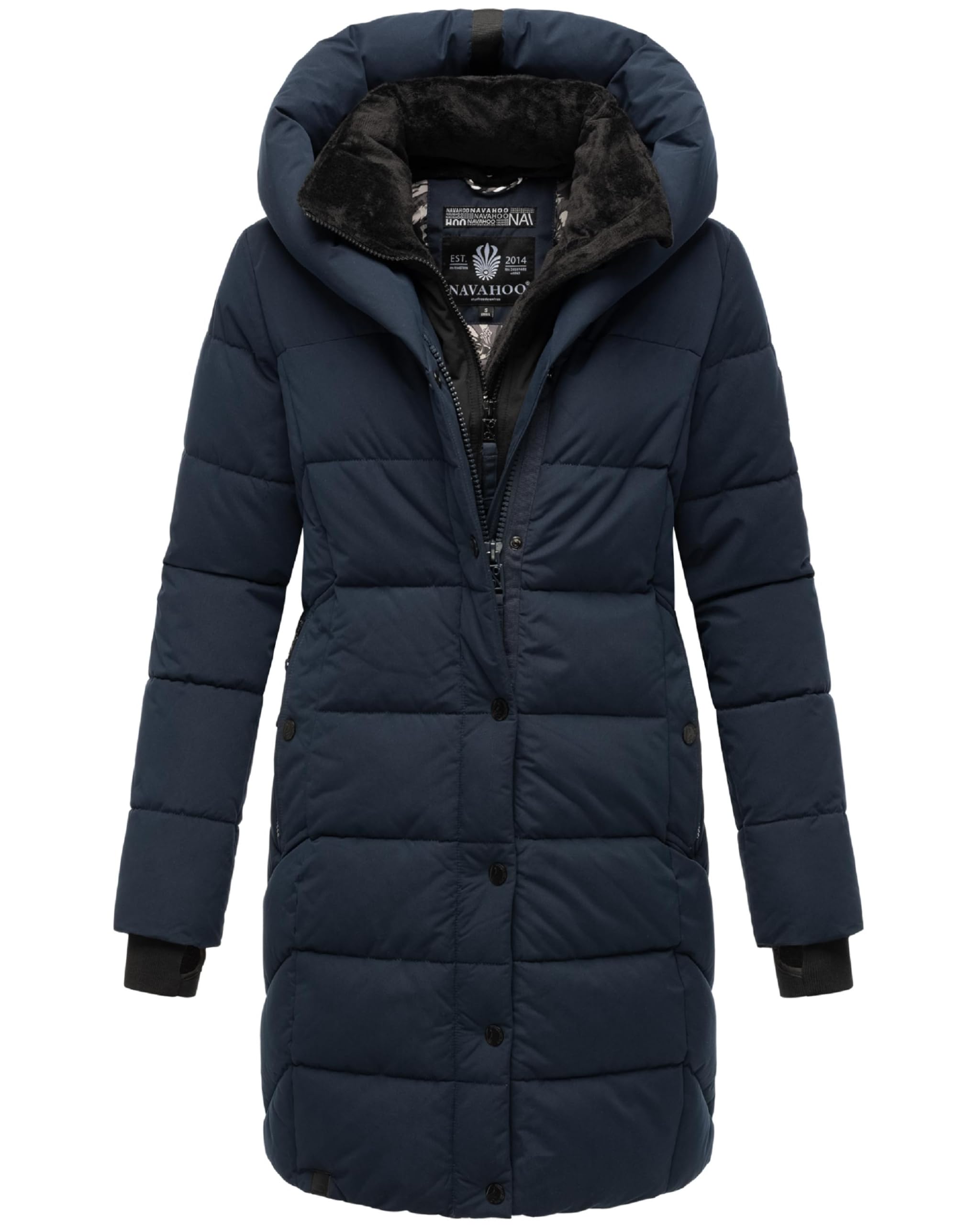Navahoo Damski płaszcz zimowy, ciepły płaszcz pikowany, długi płaszcz z kapturem i odpinanym kołnierzem polarowym, rozmiary XS-XXL