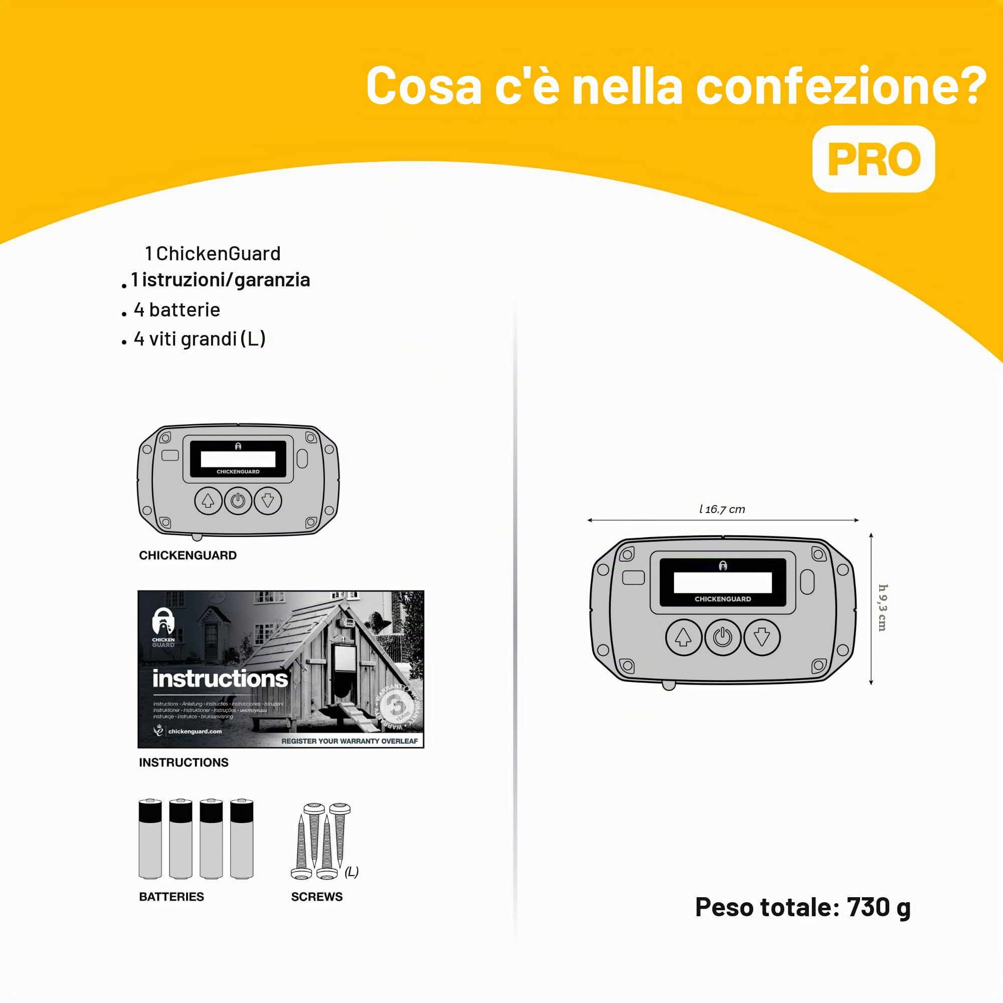 Apertura automatica della porta del pollaio ChickenGuard, alimentata da solare/batterie/elettrico. Timer/sensore di luce; solo unità motore o kit combinati. (PRO + Batterie)