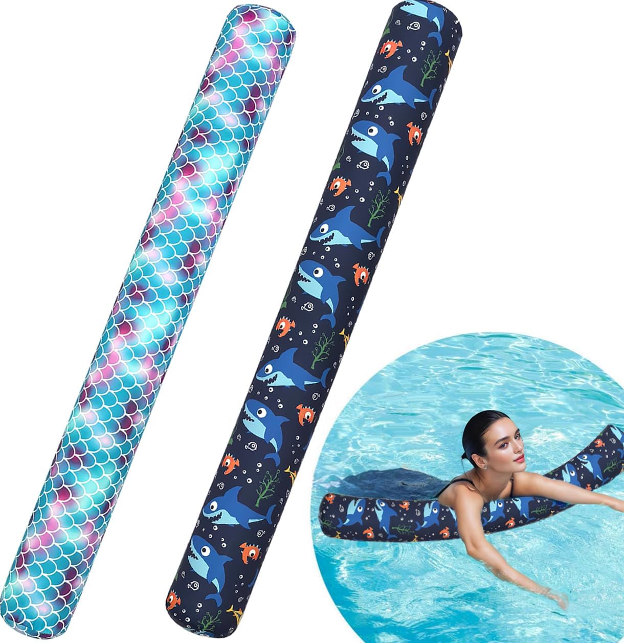2 Pack Inflatable Pool Noodle Floats, 54″ Large Swim Pool Noodles for Floating, Soft Fabric Covered Swimming Noodles Toys for Adults Pool Accessories, Premium Buoyancy for Swimming Floating