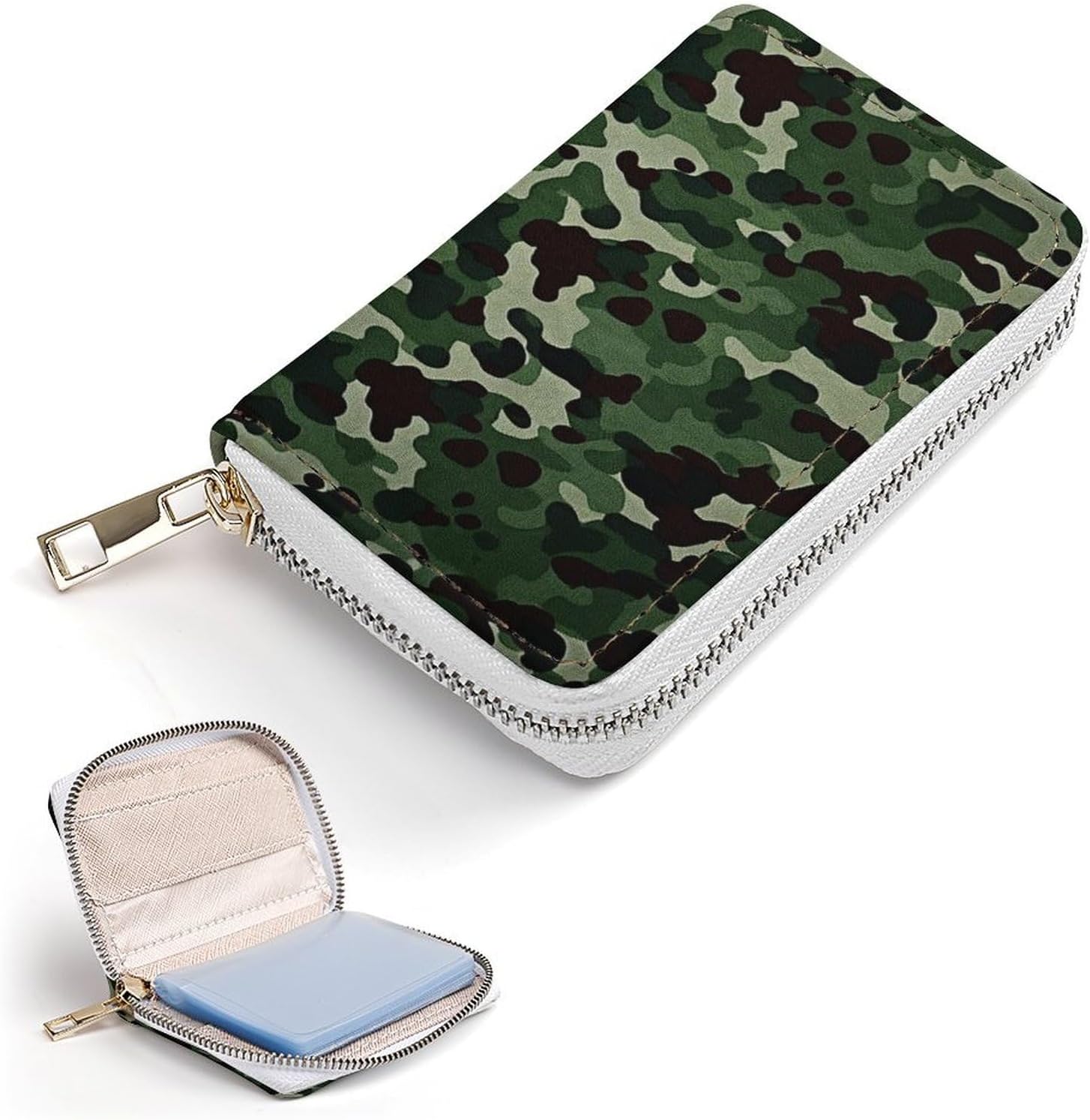 Leather Card Organizer Case Card Wallet Credit Card Holder Green Camouflage Printed Zipper Card Cases Holder for Women Men