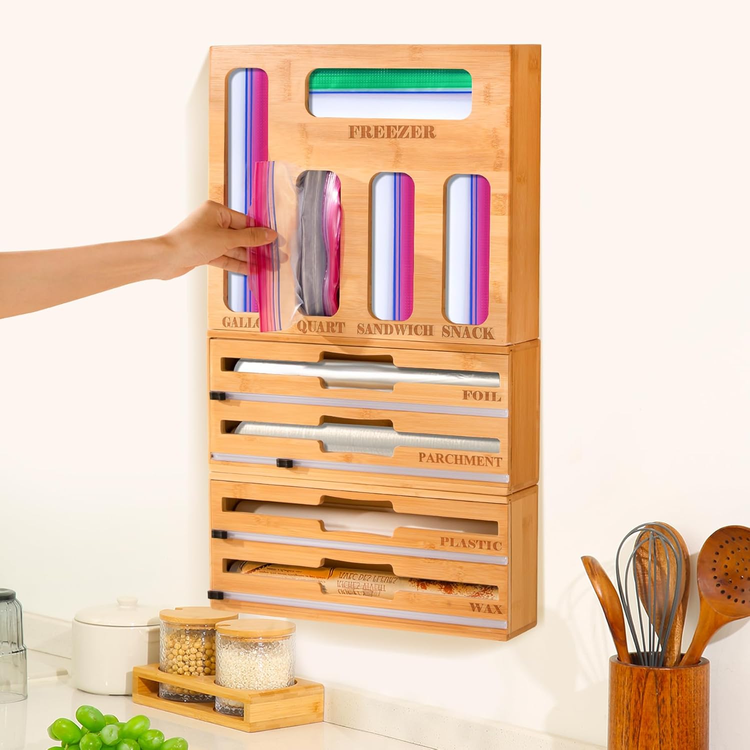 Calmbee 9 IN 1 Storage Bag Organizer, Foil and plastic Wrap Organizer with Cutter, Kitchen Organizers and Storage Compatible with Gallon, Quart, Sandwich (Natural)