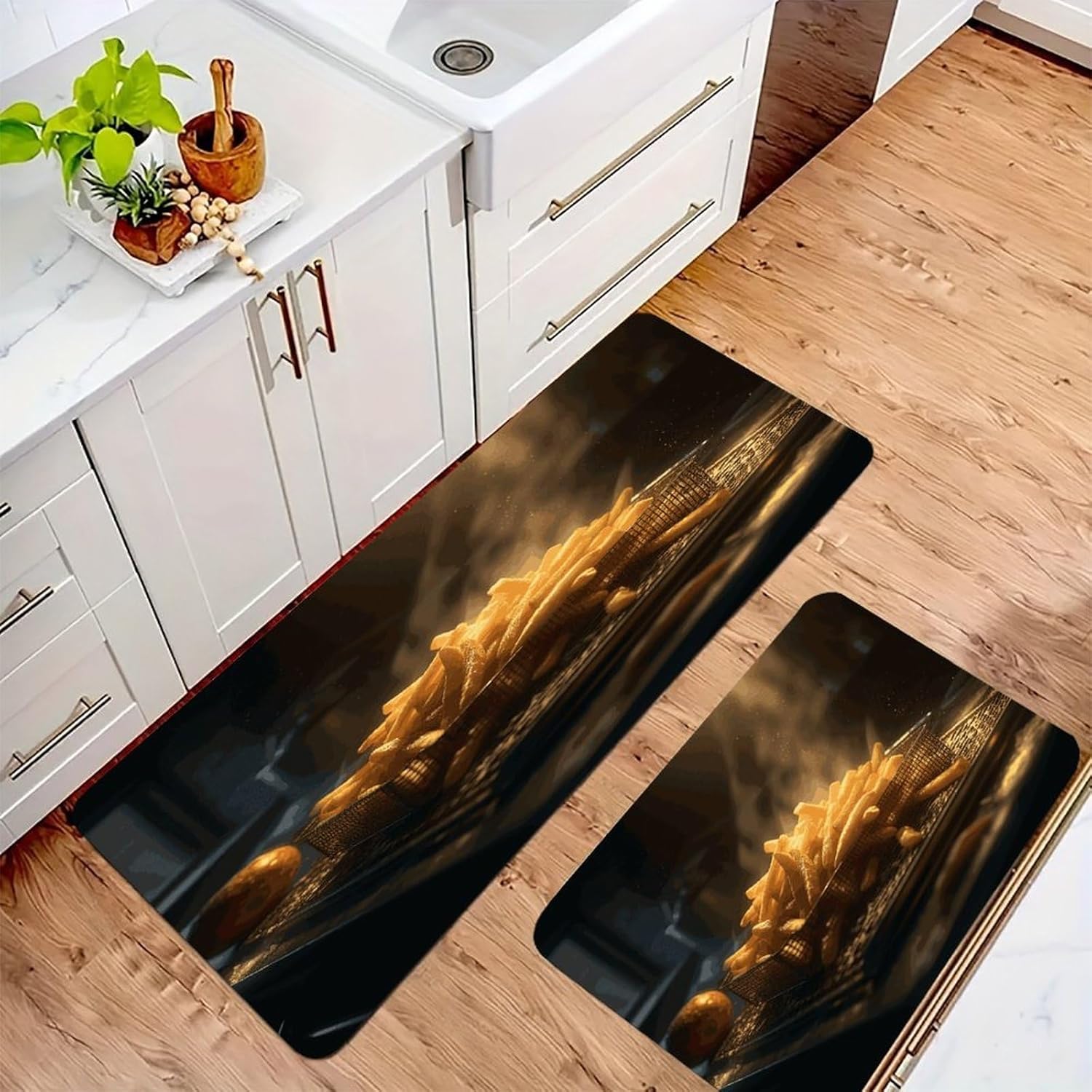 French Fries Kitchen Mats with 2PCS Non-Slip Washable,Kitchen Rug Heavy Duty Durable, Floor Mats for Kitchen,Office,Sink,Laundry