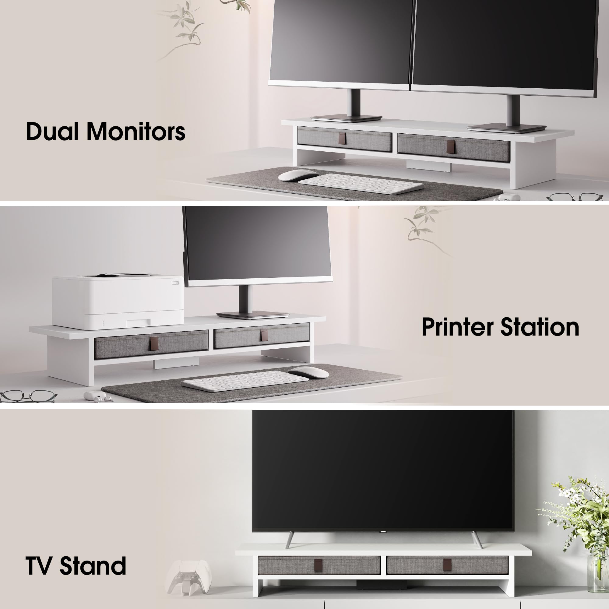 Fenge Supporto per Doppio Monitor con Cassetto 90 cm Organizzatore da Scrivania a 2 Strati per PC/Laptop/Stampante/TV L90 x L23,5 x H14,2 cm (Bianco)