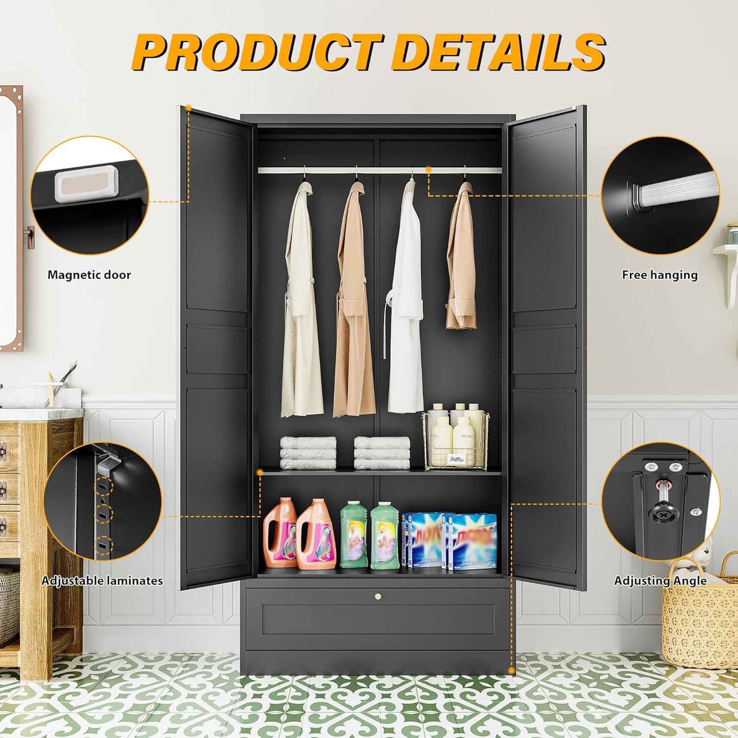 Metal Wardrobe Closet with Doors, 72" Tall Armoire with Hanging Rod and Adjustable Shelve, Freestanding Clothing Storage Cabinet with Drawer for Home, School, Employee, Gym (Black, with Drawers)