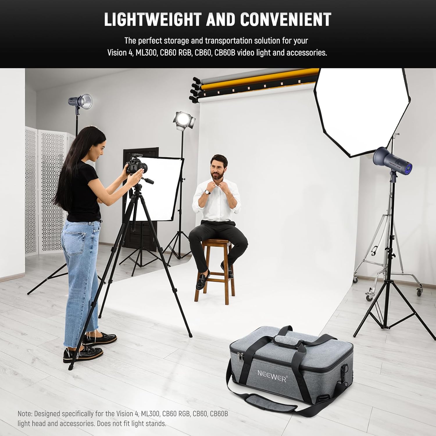 NEEWER Carrying Bag with Movable Foam Padded for Studio Light Q300 Vision 4 ML300 CB60B RGB CB60 MS60B MS60C MS150B, Durable Oxford Cloth Transit Bag Travel Case with Shoulder Strap & Handle, PB5 - Image 8