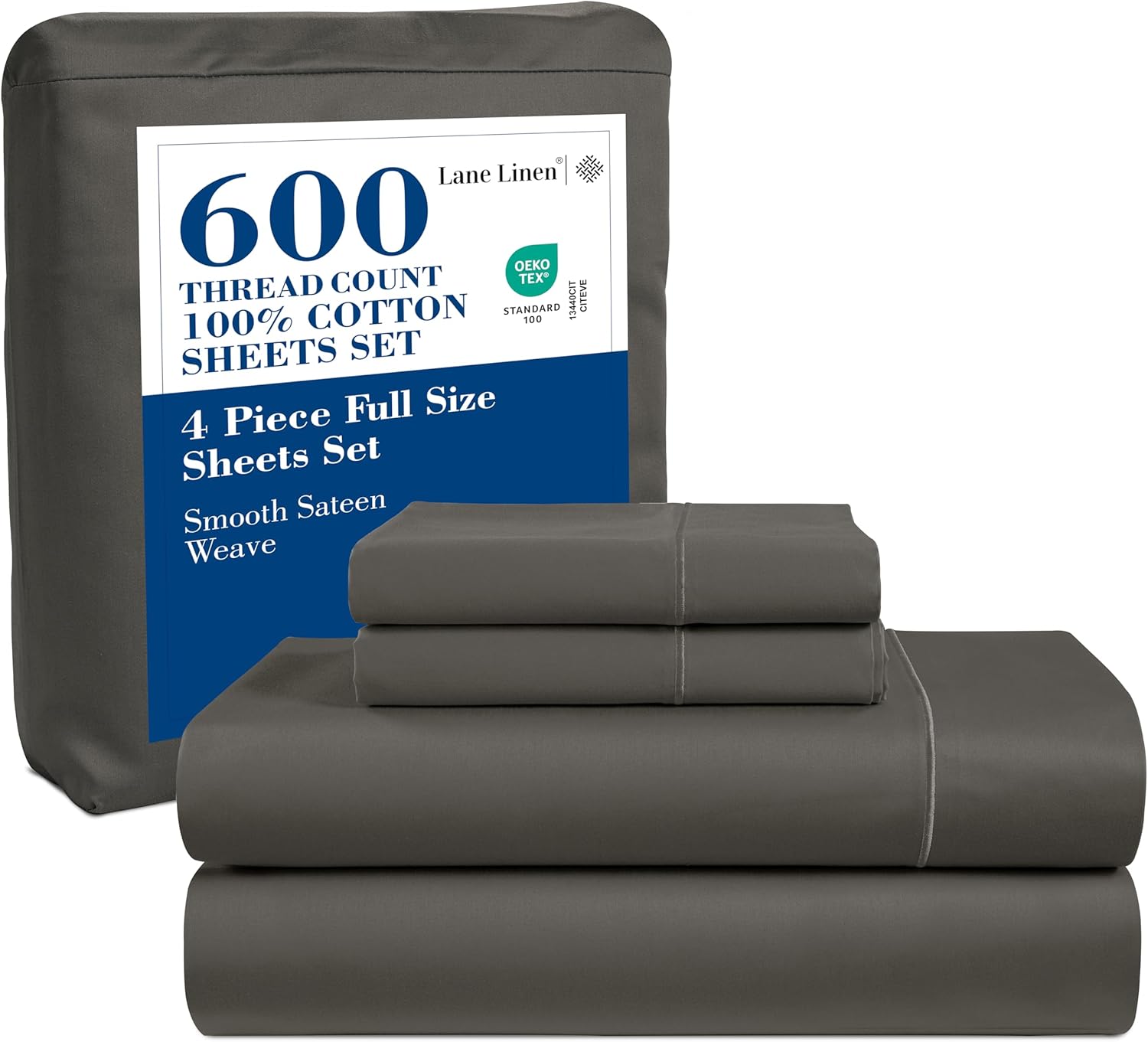 LANE LINEN 600 Thread Count 100% Mercerized Cotton Machine Wash Full Size Bed Sheets Set, Fully Elasticized Fitted Sheet, European Closure Pillow Cases, Z Hem Top Sheet, Soft & Comfy Sheets - Charcoal - Thumbnail 2