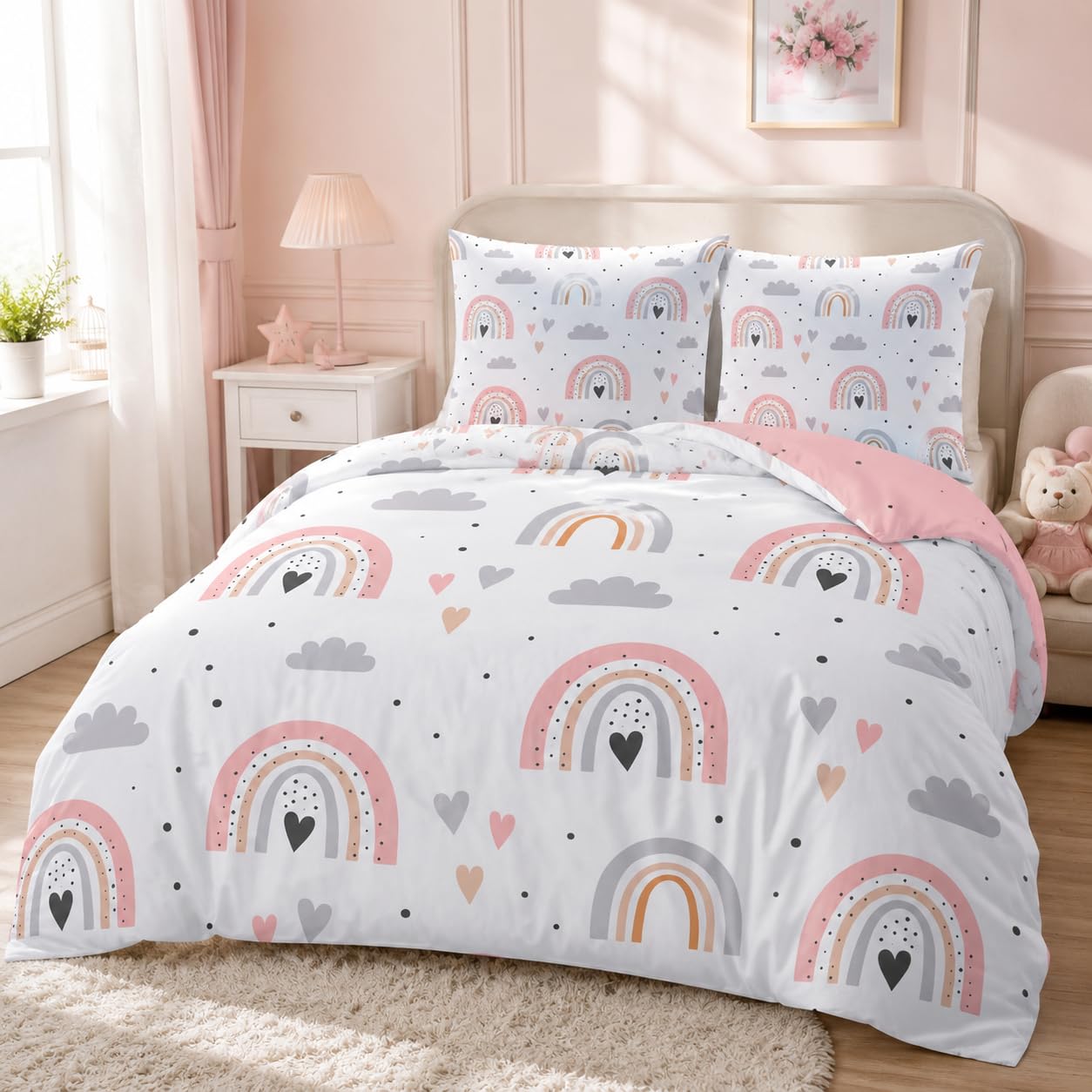 Housse de couette 160x200 arc-en-ciel en microfibre réversible motif 3D avec taies