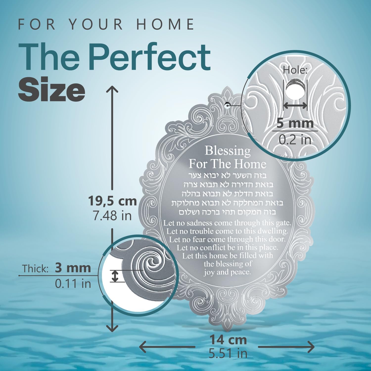 TYLDUM Jewish Silver Home Blessing Gifts Hebrew and English Engraving and Handmade Modern Mezuzah for Door Without Kosher Map of Israel Style Blue Sea