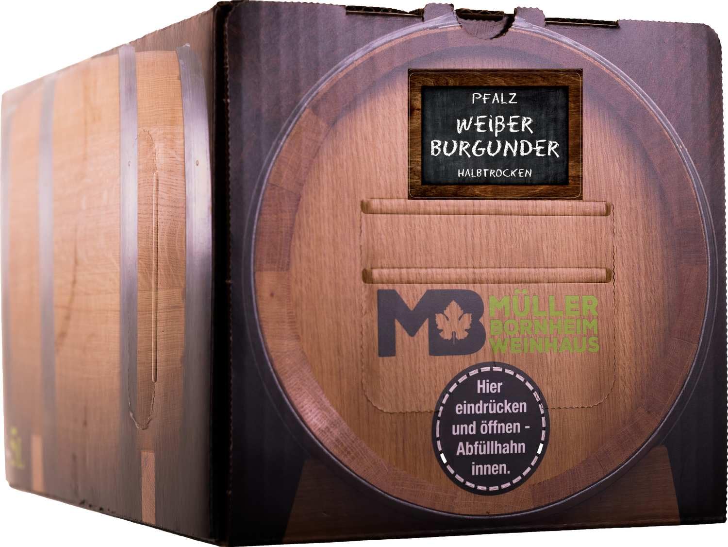 Weinhaus Müller Bornheim Weißburgunder halbtrocken 5L Bag in Box Pfalz | Zapfhahn für sauberes Portionieren – wochenlang frisch, bruchsicher, CO₂-sparende Verpackung