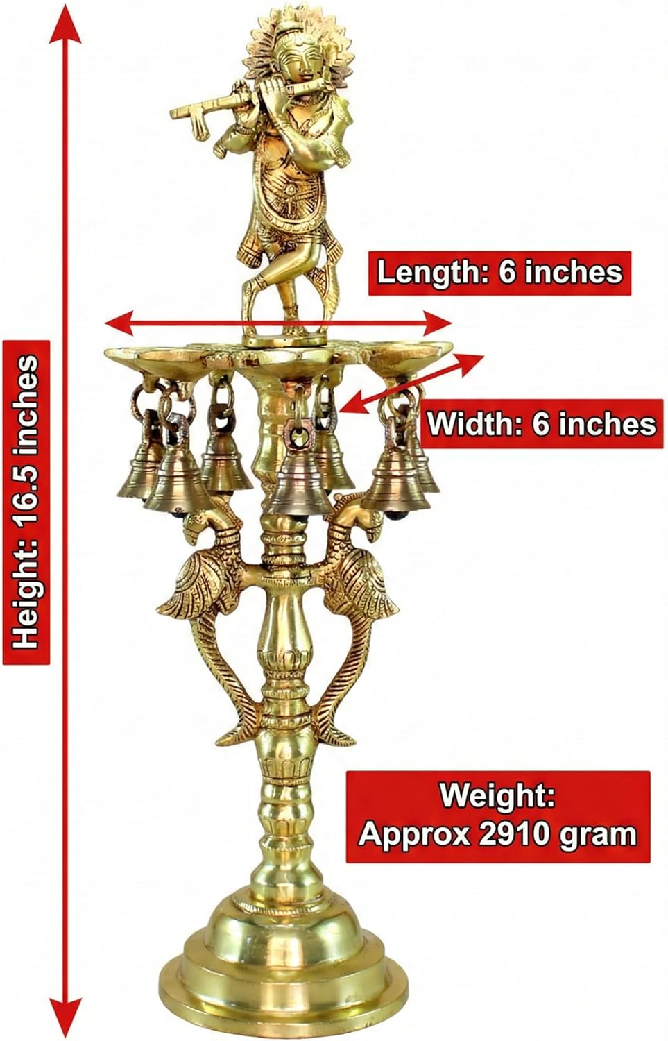 Brass Krishna Oil Lamp | Home Decor | Brass Diya Deepam Lamps | Kuthu Vilakku | Lamps for Home and Office - 16.5 Inches - Big Size