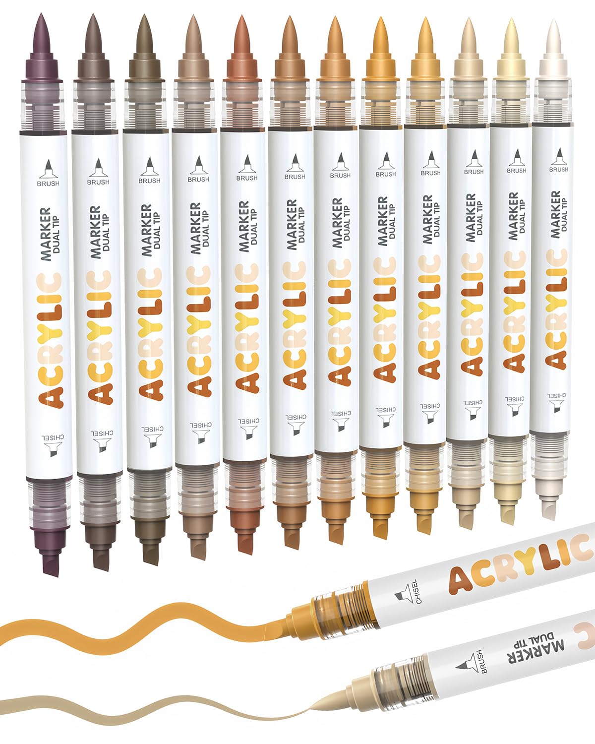 12 Brown Dual Tip Acrylic Paint Markers, Brush Tip & Chisel Tip Acrylic Paint Pens for Pu…