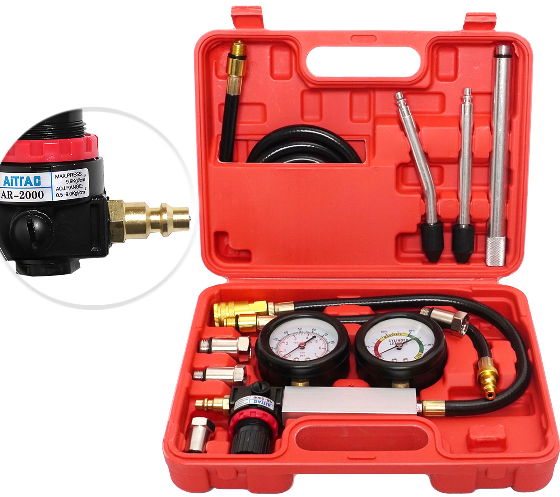 Auto Zylinder-Leckagetester mit 0-100PSI/ 0-7Bar Doppelmanometer, Motor Druckverlust Tester für Automotoren Diagnosewerkzeug für Druckprüfung und Leckratenprüfung